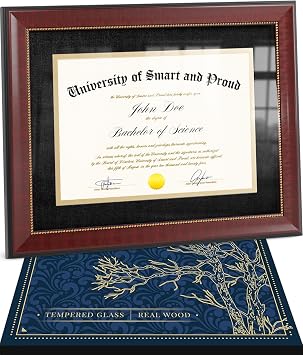 Wooden College Diploma Frame 8.5 x 11 with Mat Black /w Golden Rim Real Wood, Real Glass Gift-Ready Packed Graduation Gift Certificate Holder Document Frame For Bachelors and Masters Degree