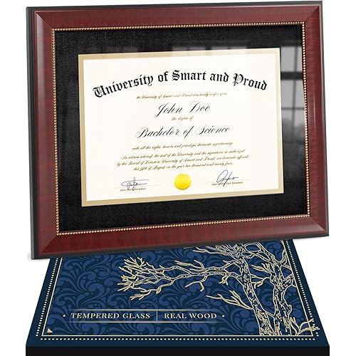 Wooden College Diploma Frame 8.5 x 11 with Mat (Black /w Golden Rim) — Real Wood, Real Glass — Gift-Ready Packed Graduation Gift — Certificate Holder — Document Frame For Bachelors and Masters Degree
