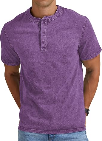 Aimeilgot Mens Distressed Henley Shirts Casual Washed T-Shirts Retro Short Sleeve Tee Cotton Shirts