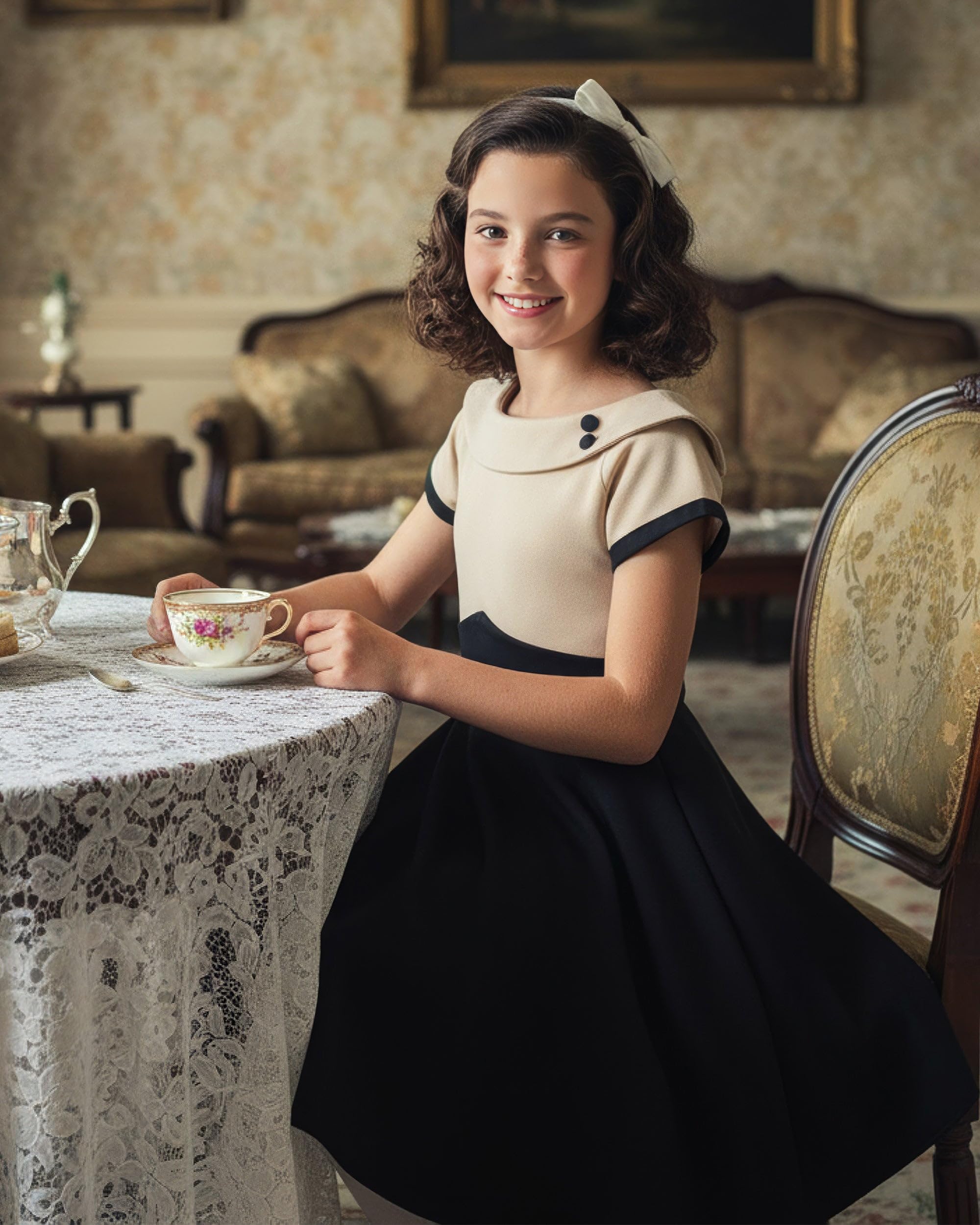 BlackButterfly Mädchen Kleid Valerie Zweifarbig | Tellerrock, Kurze Ärmel, Umlegekragen, Pfeil-Taillennaht, Gefüttert, Reißverschluss Hinten, 3-14 Jahre