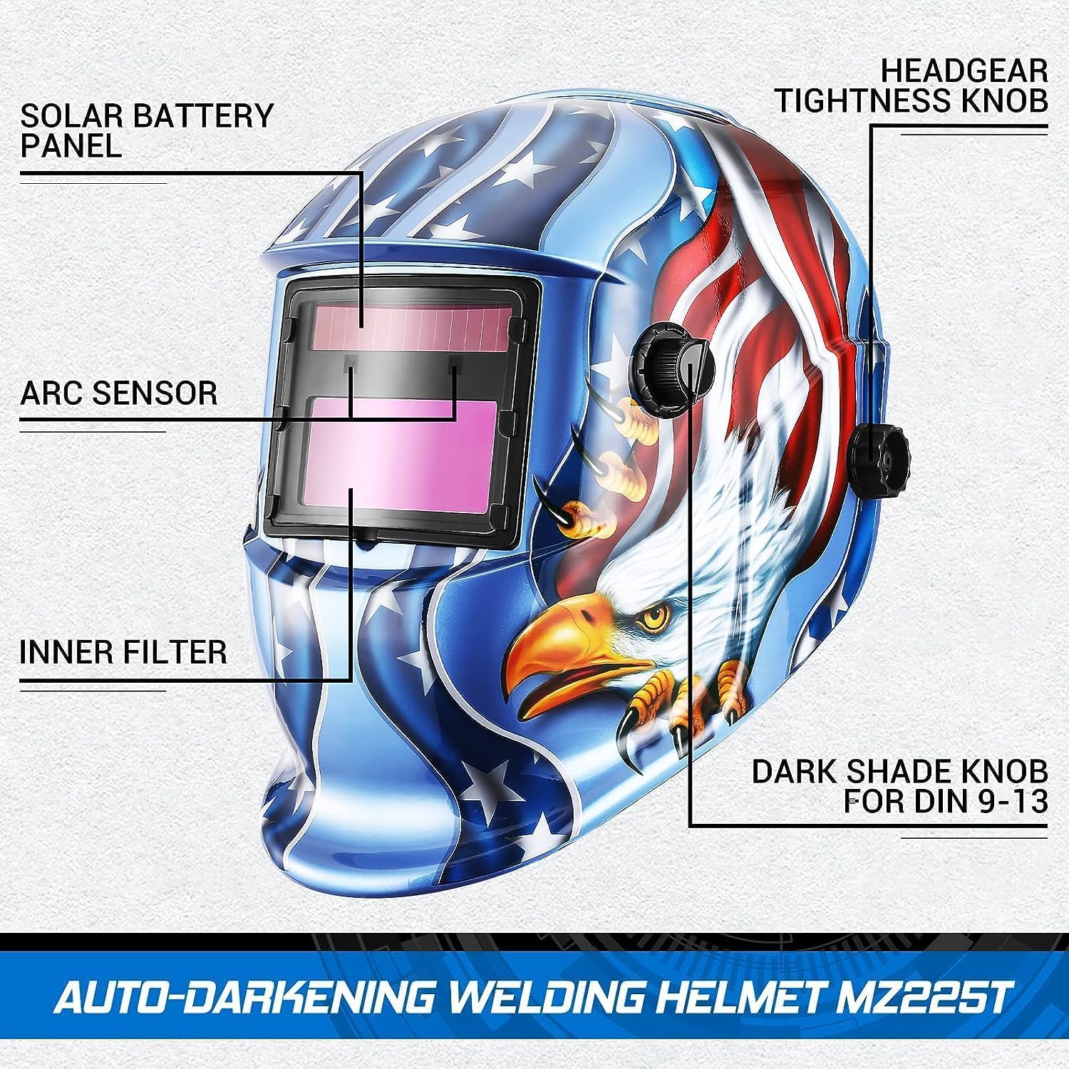 Maschera per Saldatura ad Energia Solare Autoscurante Oscurante Autoalimentato Gamma di Ombre Regolabili DIN4/9-13 Protezione UV/IV Maschera da Saldatore Casco Saldatura per MIG TIG MAG MMA (Aquila)