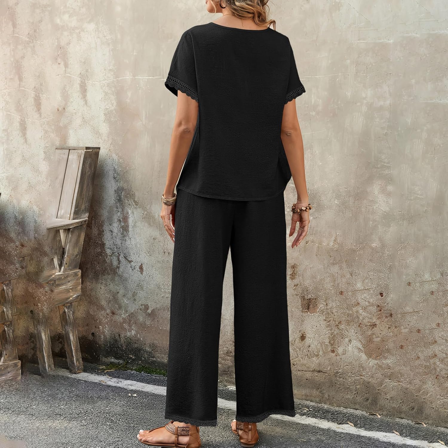 Womens Linen 2 Piece Sets V Neck Short Sleeve Button Down Shirts Straight Leg Pants with Lace Trim for Beach Outfits