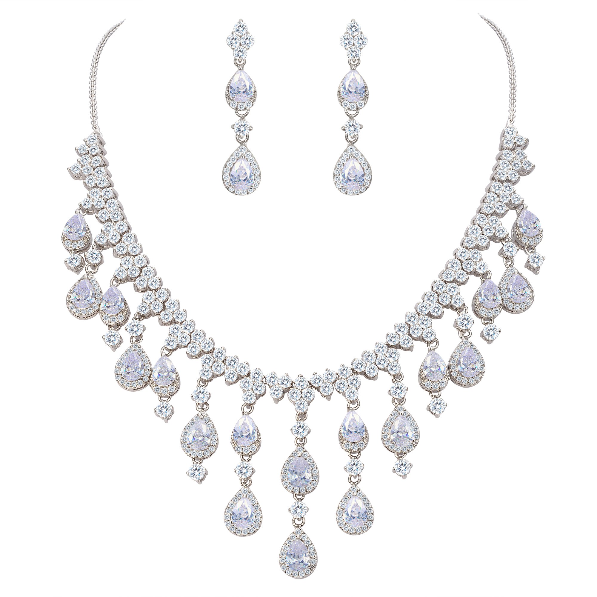 EVER FAITH Women's Cubic Zirconia Gorgeous Water Drop Dangle Necklace Earrings Set Silver-Tone