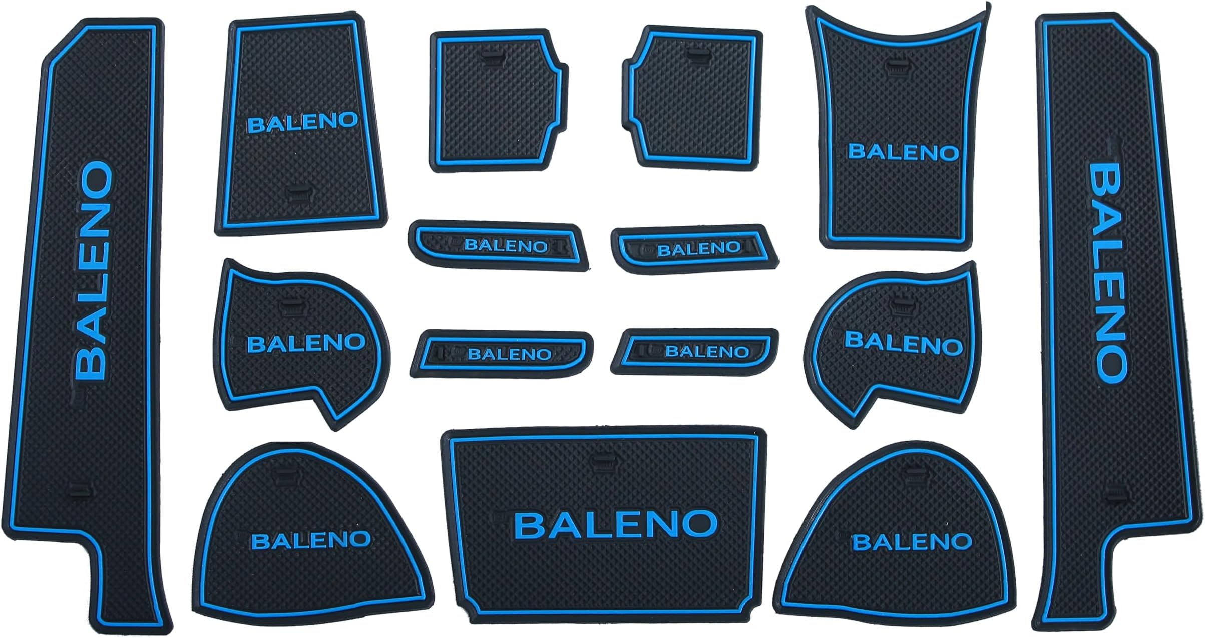 Car Drome | Door Cup Mat Set for Maruti Suzuki Baleno 2015 to 2021 Models Only | Premium Non Slip Rubber Inserts | Custom Fit 15 Pieces | Blue Trim Interior Accessories | Dustproof Washable