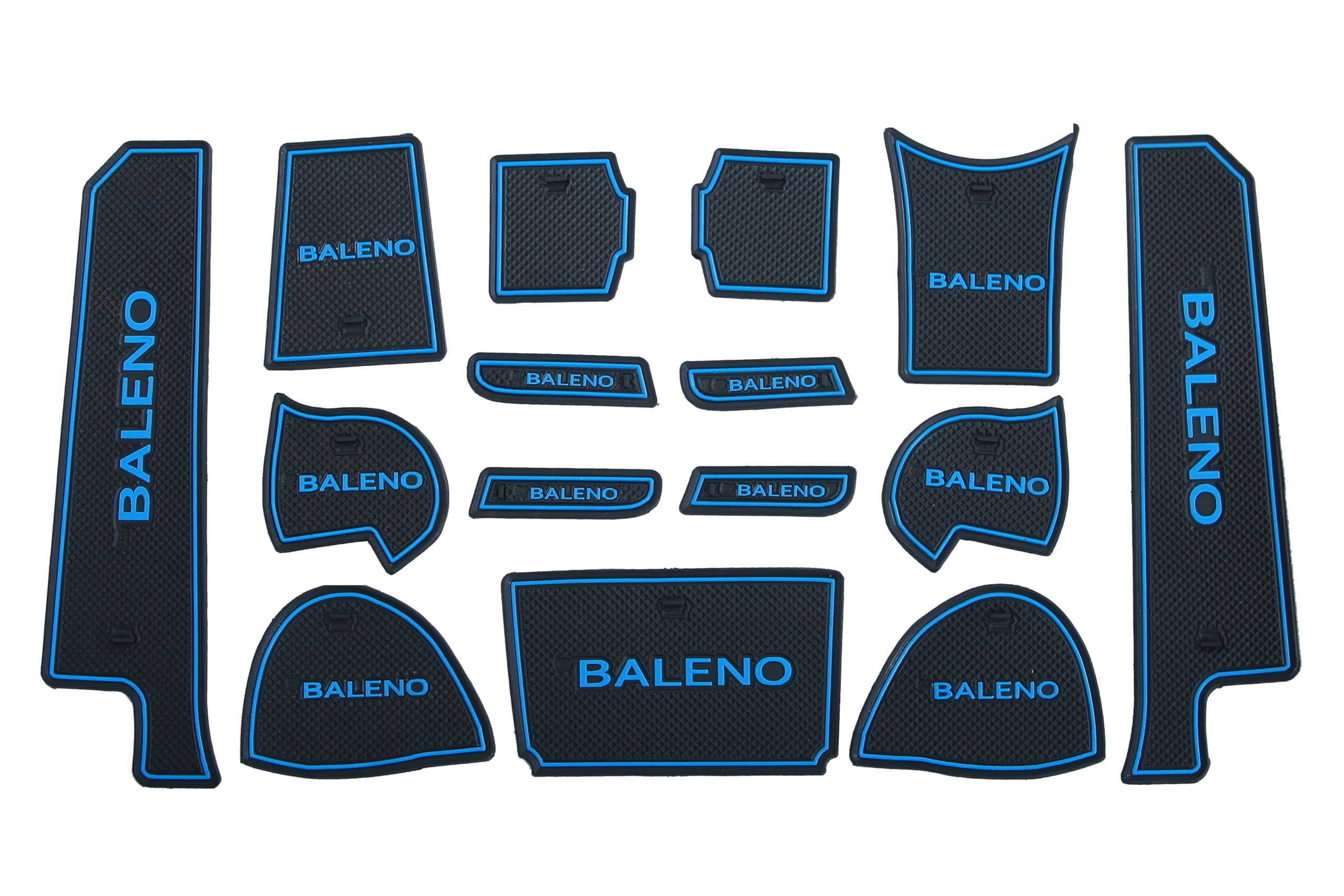 Car Drome - The Mat Store® | Door Cup Mats for Maruti Suzuki Baleno 2015 to 2021 Models Only, Premium Interior Car Accessories Set of 15 Pieces (Blue Trim)