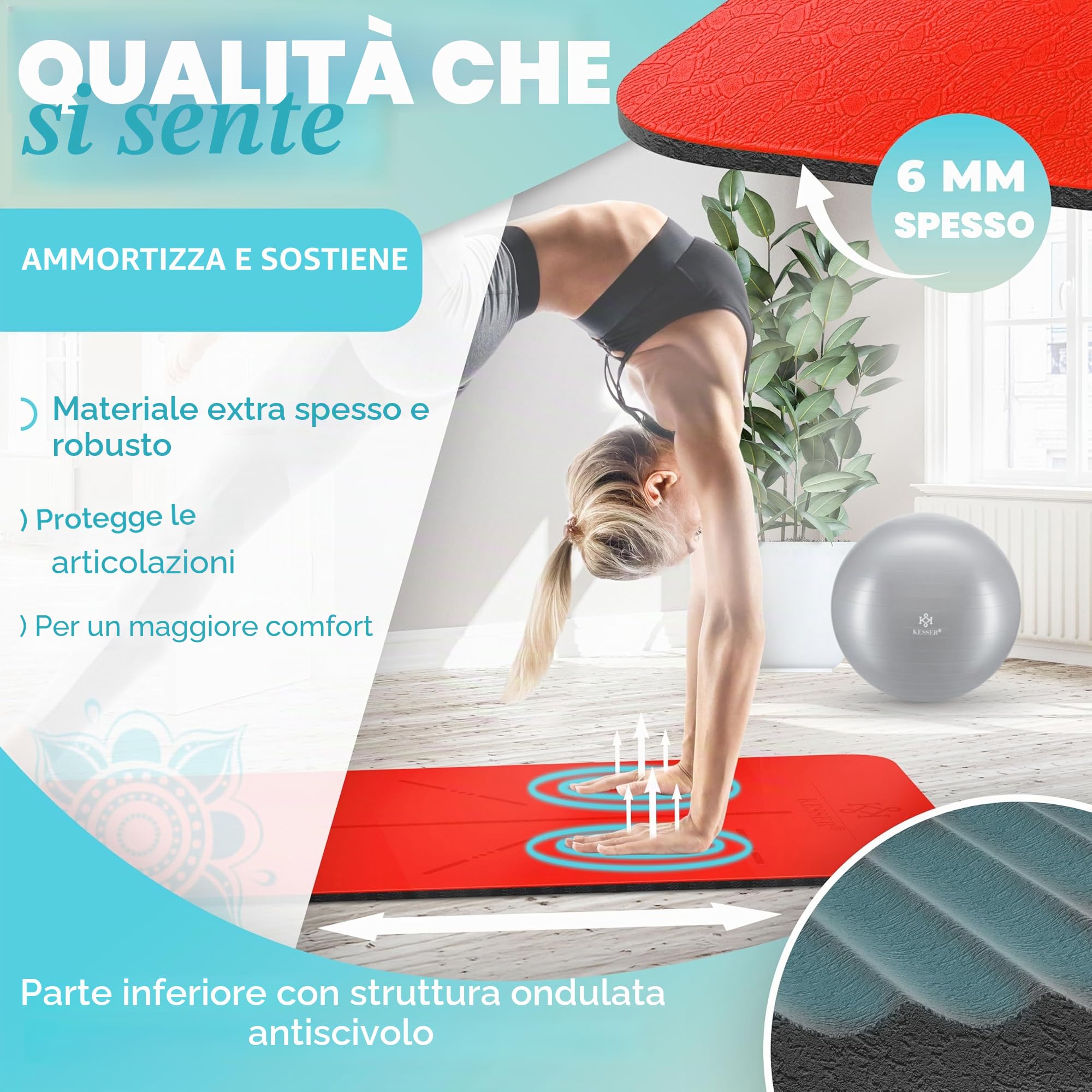 Kesser® - Tappetino da ginnastica con tracolla, in TPE, imbottito e antiscivolo, extra spesso, 183 x 61 cm, per fitness, sport, pilates, yoga, ginnastica e allenamento