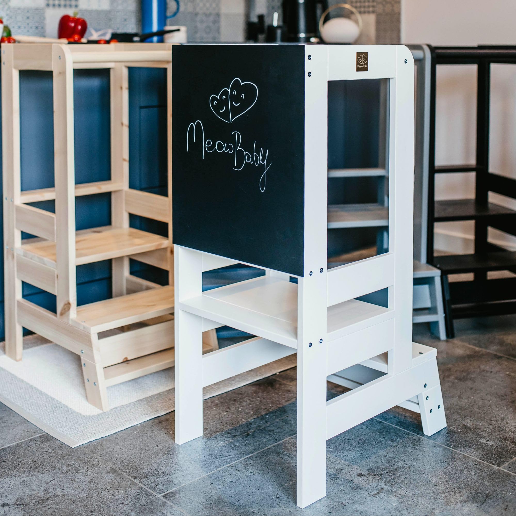 MEOWBABY Lernturm – Höhenverstellbarer Montessori Learning Tower für Kinder – Lernturm ab 1 Jahr – Sicherer Kinder Tritthocker – Holz Küchenhelfer für Küche & Alltag, Weiß