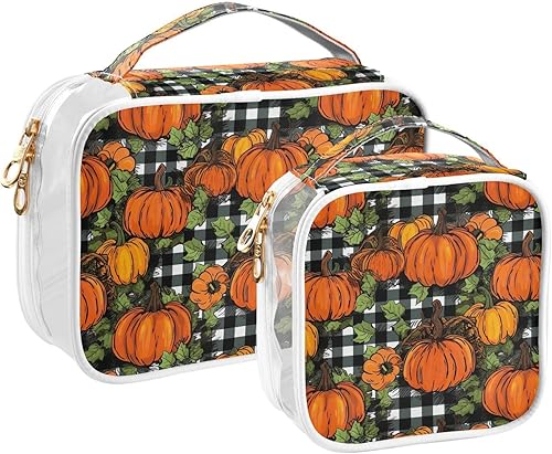 Miniatura 2 de Pumpkins Black White Check Plaid Clear Toiletry Bag for Traveling,2 Pack Makeup Cosmetic Bag with Zipper,Travel Bag for Toiletries,Travel Essentials