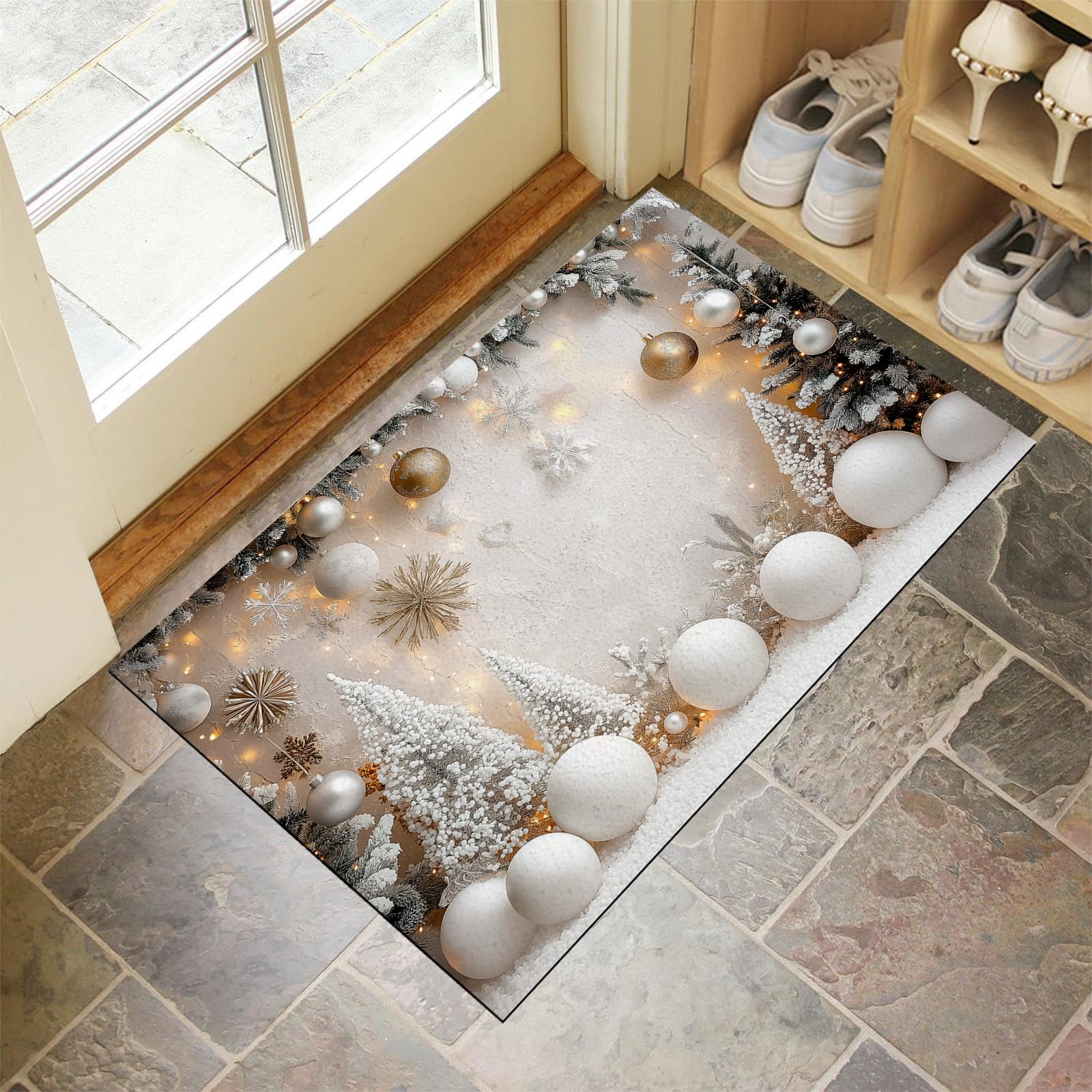 Tapis d'entrée avec microfibres douces absorbantes décoration boule de Noël