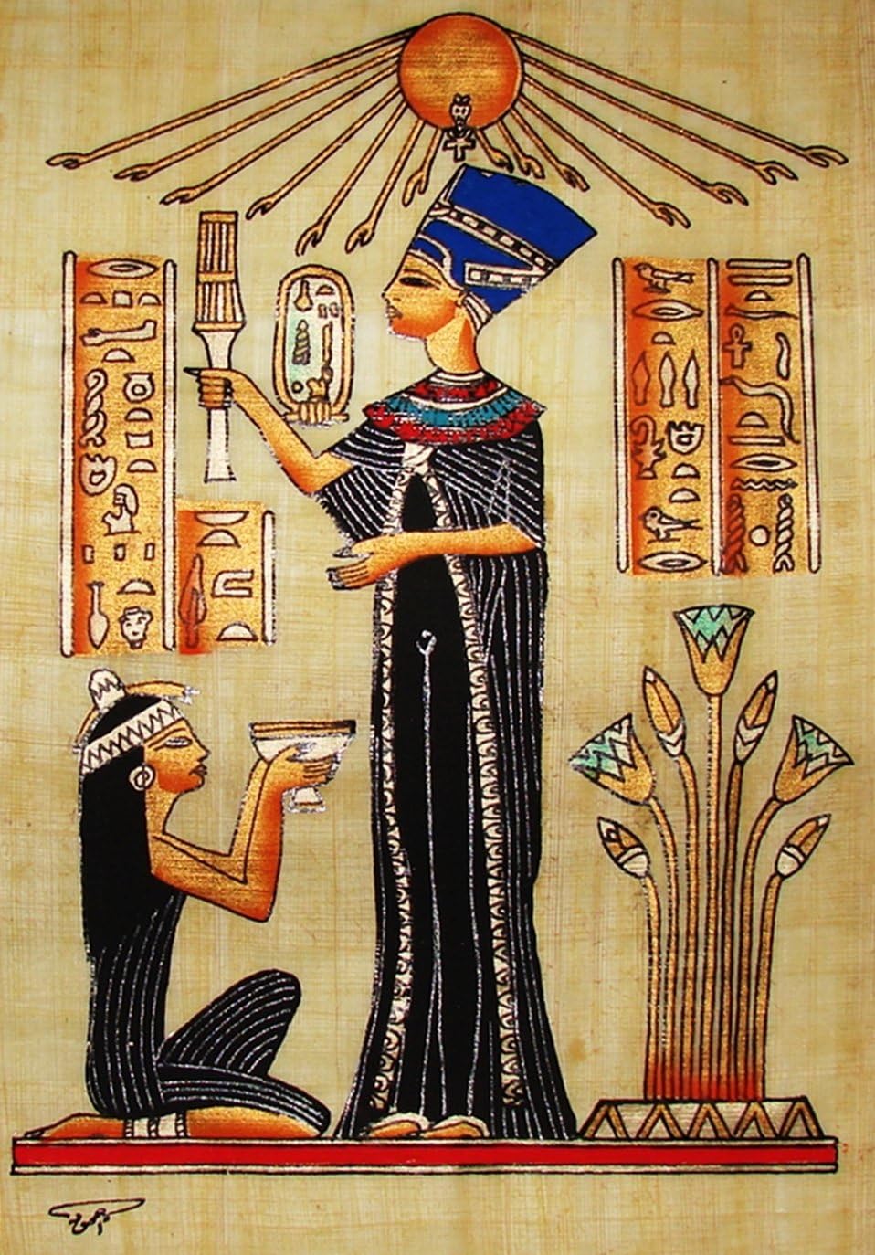 Egyptian Hand-Painted Papyrus Artwork (Imported): Queen Nefertiti with Scepter