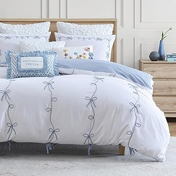 Peri Home Bow Bedding Duvet Cover Cottage Core Vintage Country 100% Cotton 3-Piece Set, Full/Queen, Chili Red Sasha Bows
