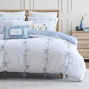 Peri Home Bow Bedding Duvet Cover Cottage Core Vintage Country 100% Cotton 3-Piece Set, Full/Queen, Blue Sasha Bows