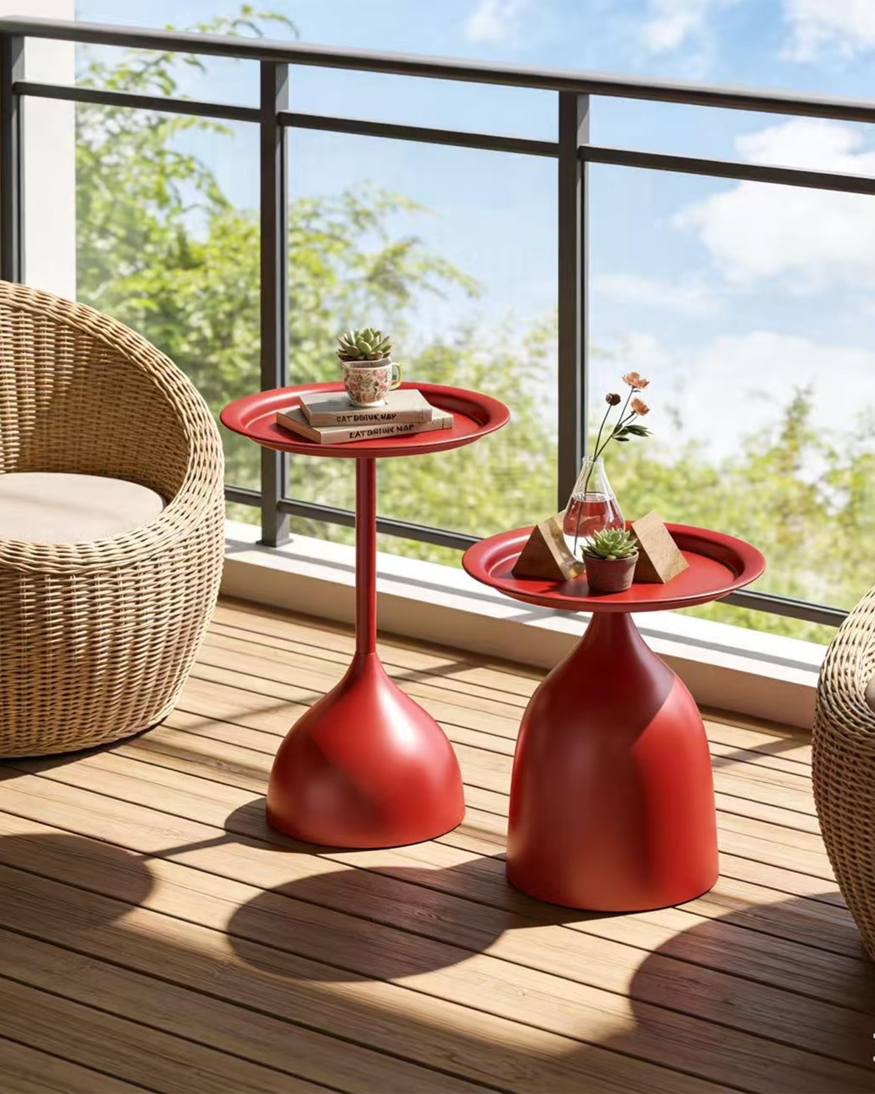 Set di 2 Tavolini Rotondi in Metallo, Piccolo Tavolino Camera da Letto per la Decorazione di Interni, Tavolino da Caffè in Metallo Rosso (Diametro 40 x 60 cm e 40 x 42 cm)