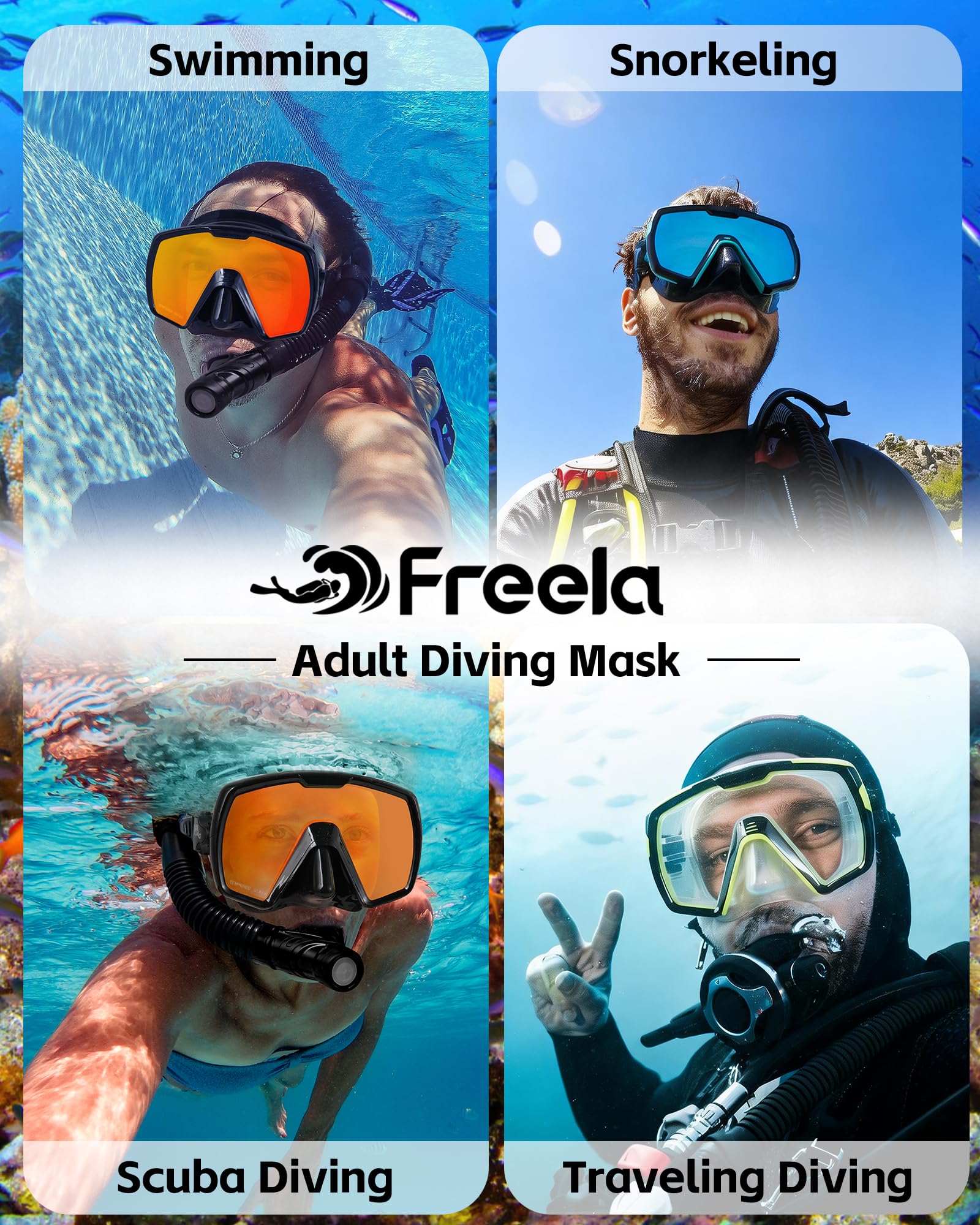 Freela Juego de esnórquel seco para adultos, máscara de buceo con cubierta de nariz para hombres, mujeres y jóvenes, vidrio templado de seguridad de visión amplia de 180°, antivaho, sin fugas, espejo