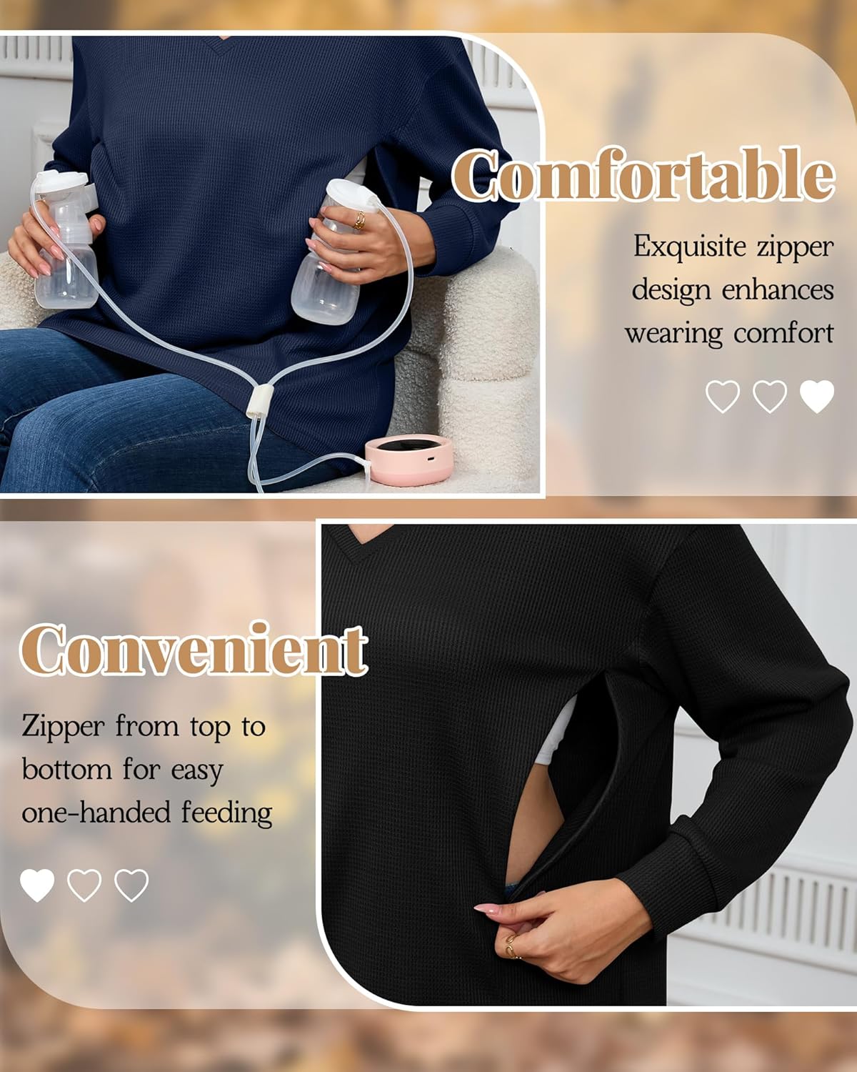 3 Pack Women's Oversized Nursing Tops Waffle Knit V Neck Breastfeeding Long Sleeve Shirts Hidden Zipper Sweatshirt - Image 3