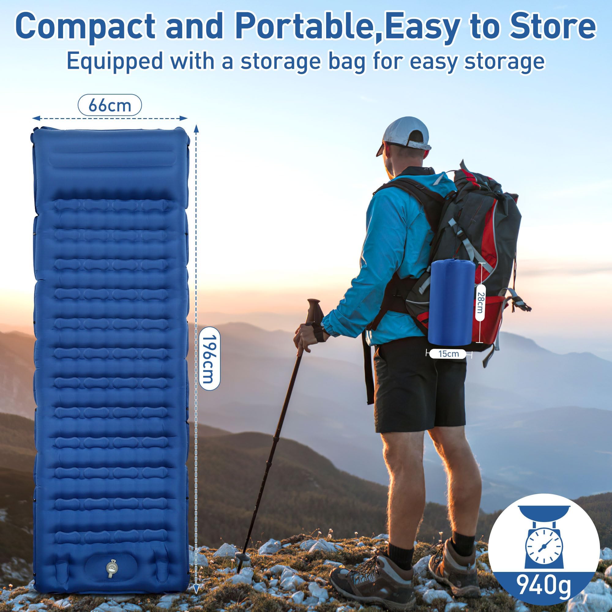 Isomat Camping pogrubiony materac dmuchany 12 cm z pompką nożną, zapobiega utracie powietrza, ultralekki, wodoszczelny, na zewnątrz (granatowy)