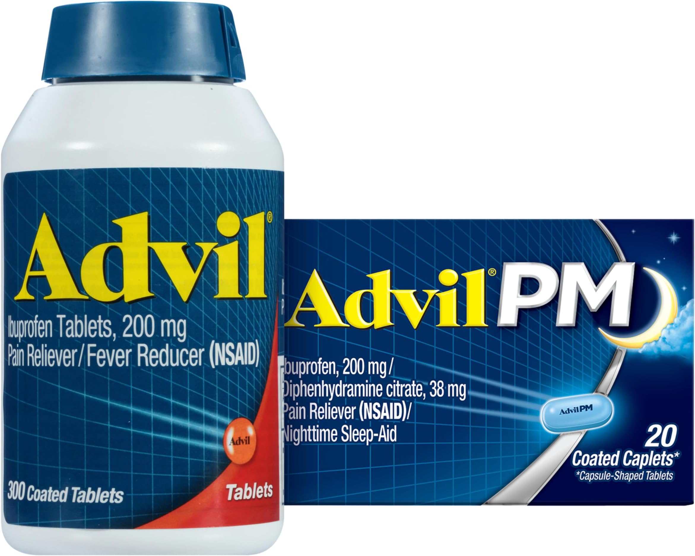 Pain Reliever and Fever Reducer, Ibuprofen 200mg for Pain Relief - 300 Count, Advil PM Pain Reliever and Nighttime Sleep Aid, Ibuprofen for Pain Relief and Diphenhydramine Citrate - 20 Count