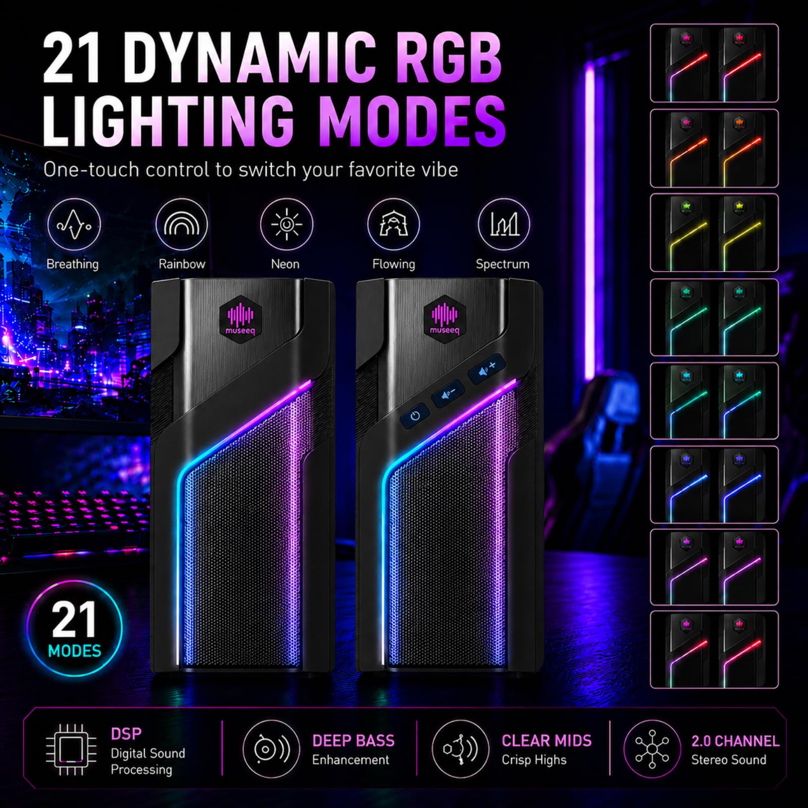 Altoparlanti Bluetooth RGB da scrivania, altoparlanti stereo per computer a 2.0 canali con 21 modalità di luce LED, suono dei bassi migliorato, alimentazione USB con AUX da 3,5 mm per giochi