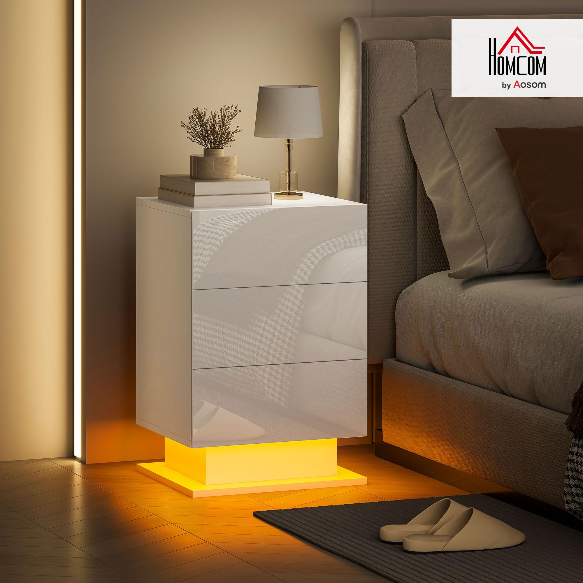 HOMCOM Mesita de Noche con Tira LED 3 Cajones 40x35x60 cm Blanco Brillo