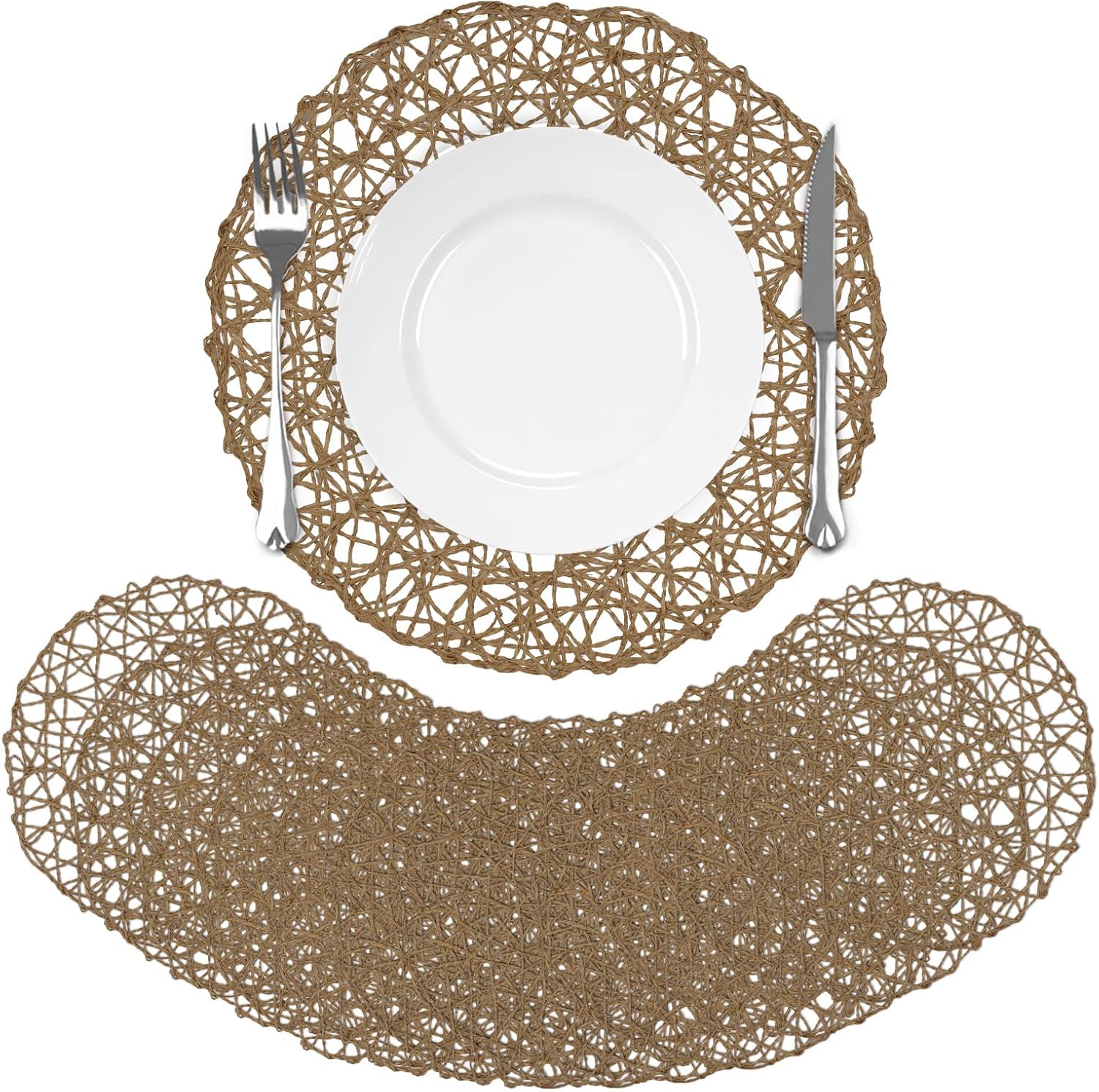 comfoyar Round Paper Braided Placemats Set of 12, 13 Inch Non-Slip Light Brown Hand Woven Place Mats, Natural Table Mats for Indoor Outdoor Kitchen Dining Party Table Decoration