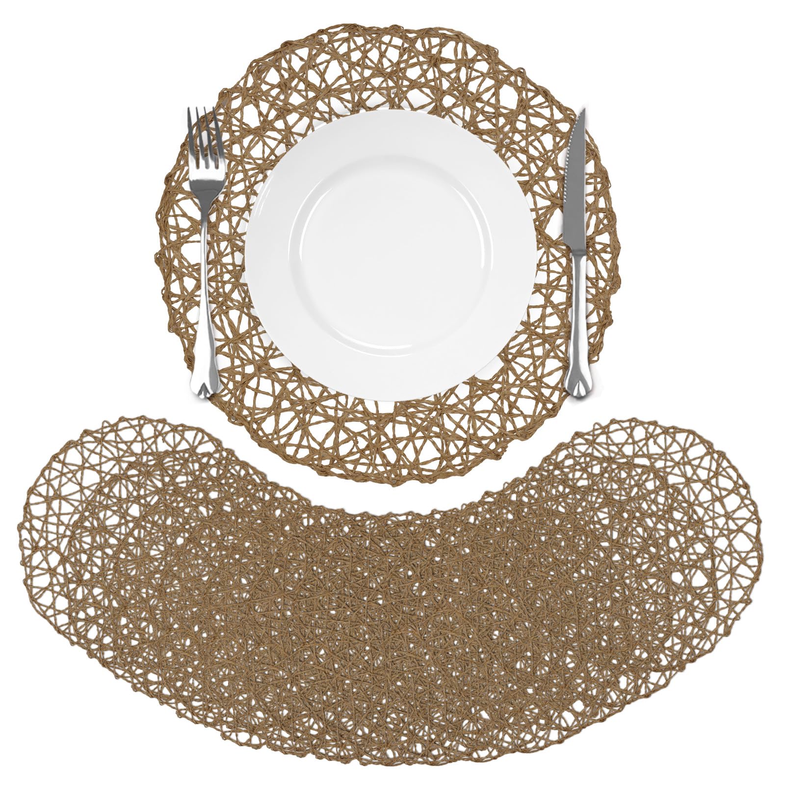comfoyar Round Paper Braided Placemats Set of 12, 33cm Non-Slip Light Brown Hand Woven Place Mats, Natural Table Mats for Indoor Outdoor Kitchen Dining Party Table Decoration