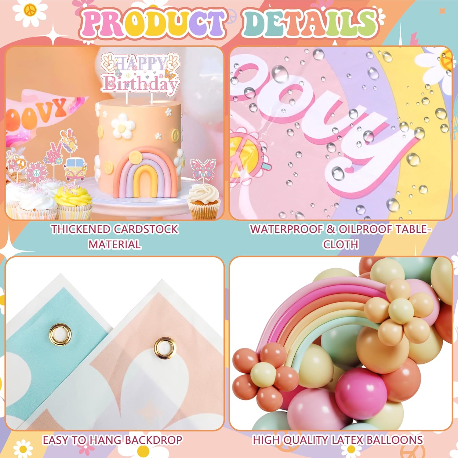 Groovy Party Decorations, 112Pcs Groovy Birthday Decorations Include Banner Backdrop Tablecloth Cake Toppers Hanging Swirls Centerpieces and Daisy Foil Balloons for Hippie Rainbow Boho Birthday Party
