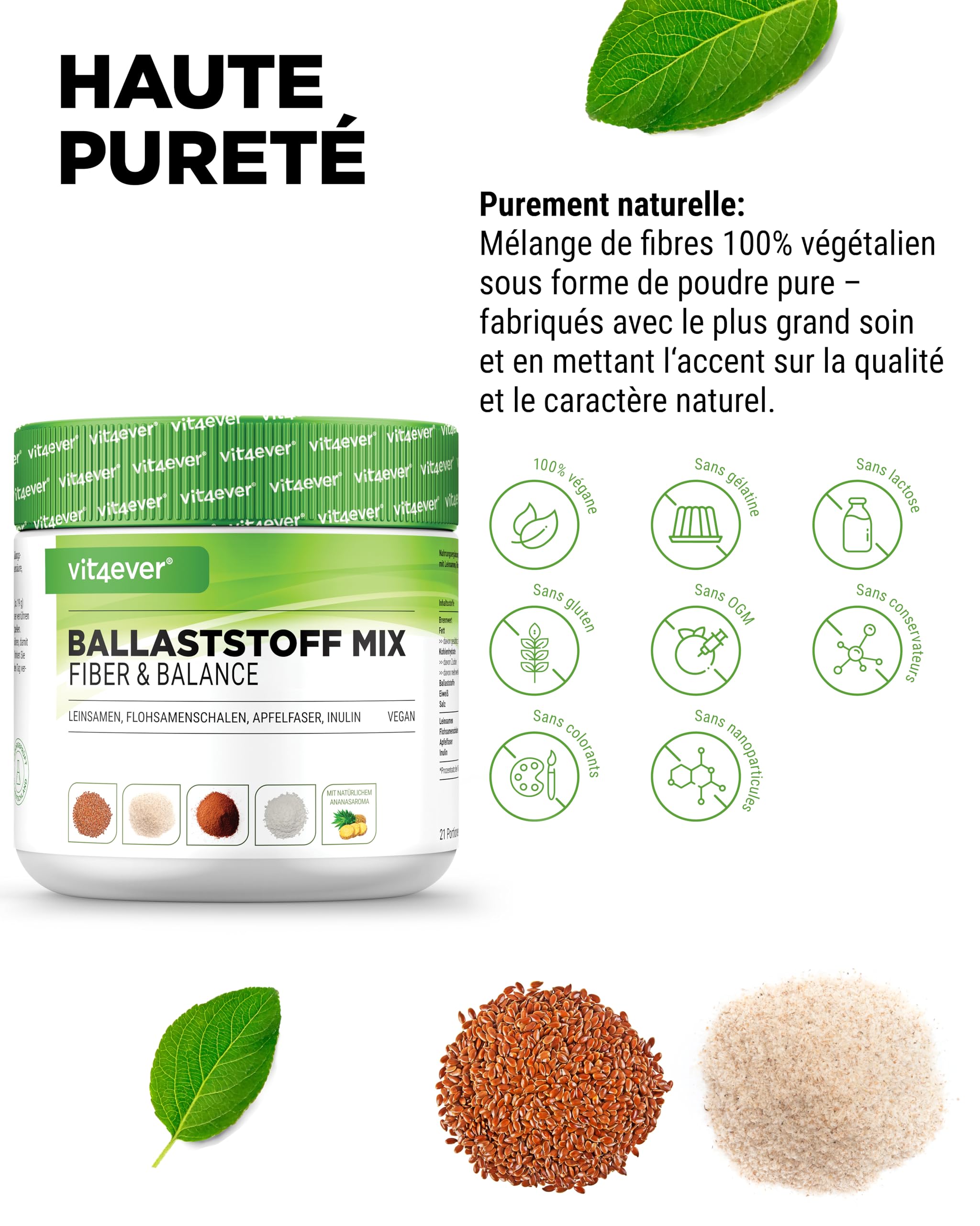 vit4ever Mélange de Fibres - 400 g de Poudre avec Téguments de Psyllium, Inuline (Prébiotique), Fibres de Pomme, Graines de Lin - Riche en Fibres - Végan - Arôme Naturel d’Ananas - Qualité Premium