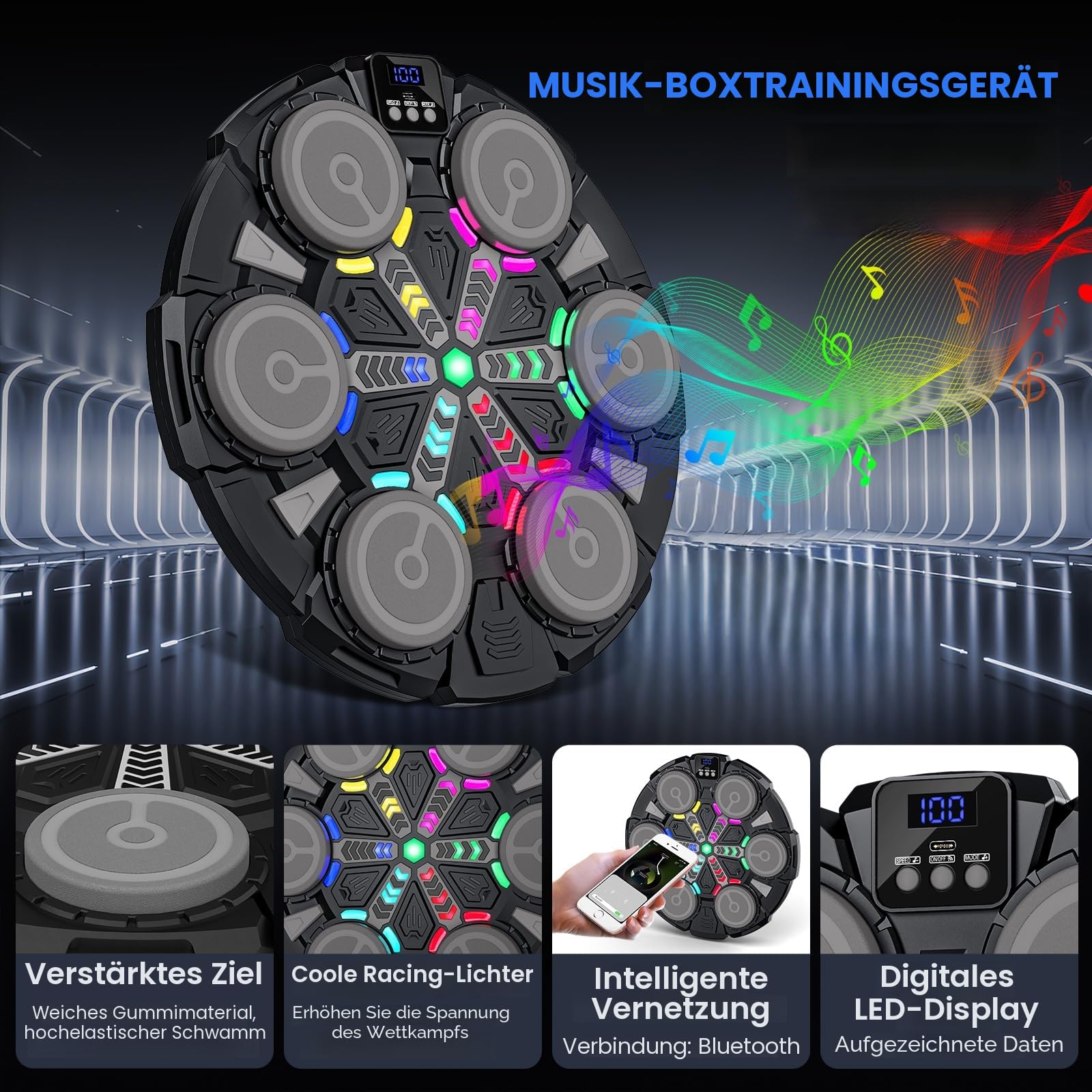 IERAKOR Music Boxing Machine, 2025 Neu Boxmaschine mit Musik mit Boxhandschuhen, LED-Farblichter, Bluetooth, 5 Einstellbare Geschwindigkeiten, Mehrere Modi und Automatische Zählung, für Kinder