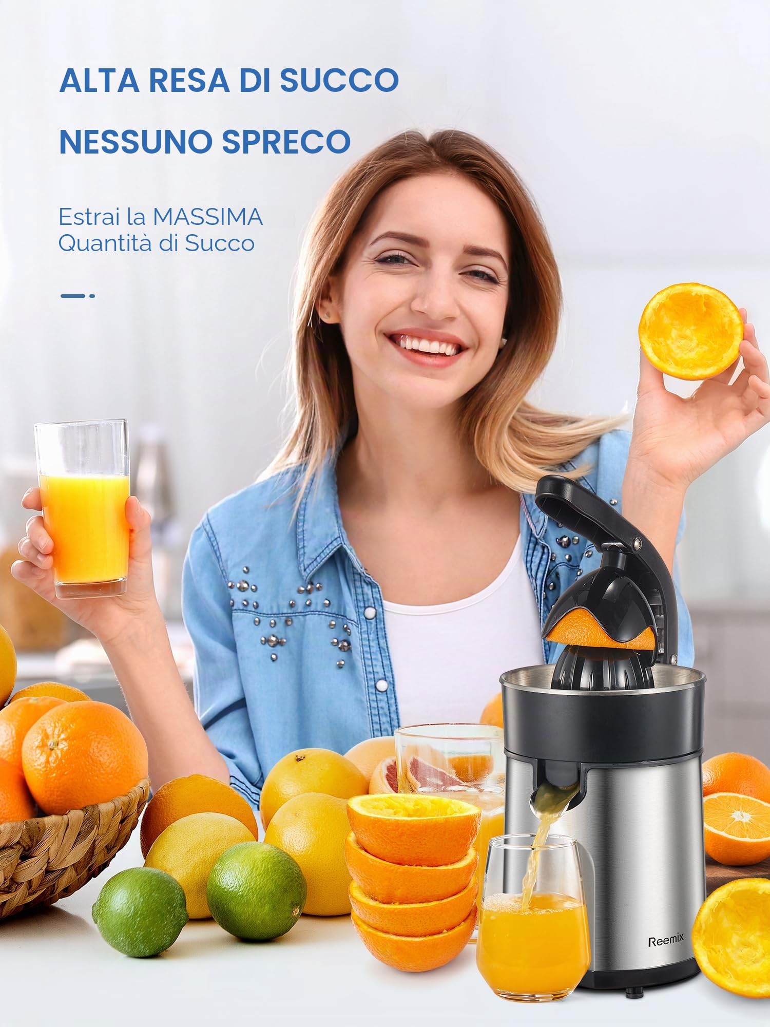 Spremiagrumi Elettrico, Reemix Spremiagrumi per Arance con Due Coni Intercambiabili, Adatto per Arance, Limoni e Pompelmi, Acciaio Inossidabile Spazzolato, Facile da Pulire e Utilizzare
