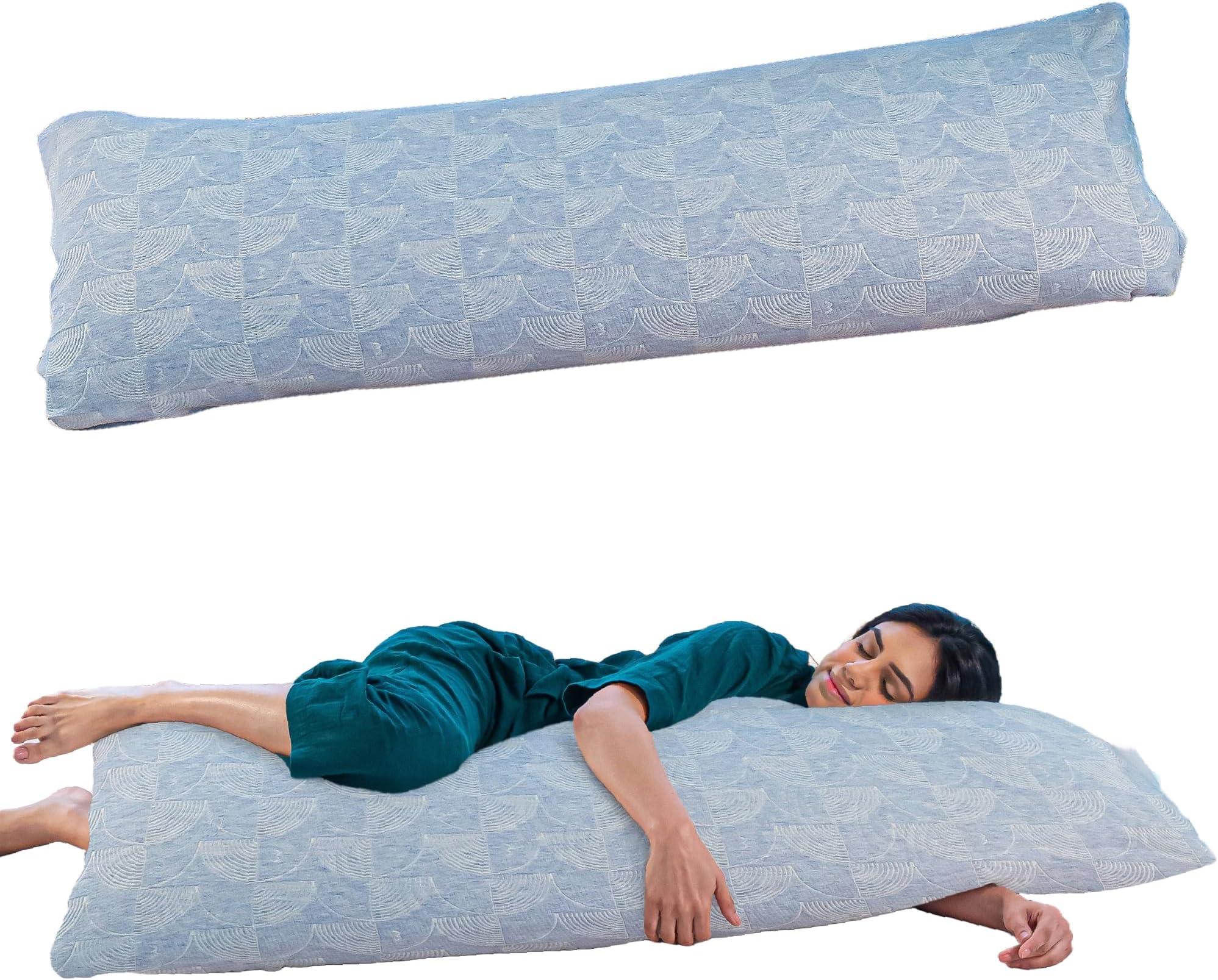 The White Willow Full Body Hug Sleeping Pillow Memory Foam & Micro Fiber for Body Support; Pregnancy Long Pillow for Bed, Side Sleeper with Washable Cover (54" L x 20" W Inches)- Blue