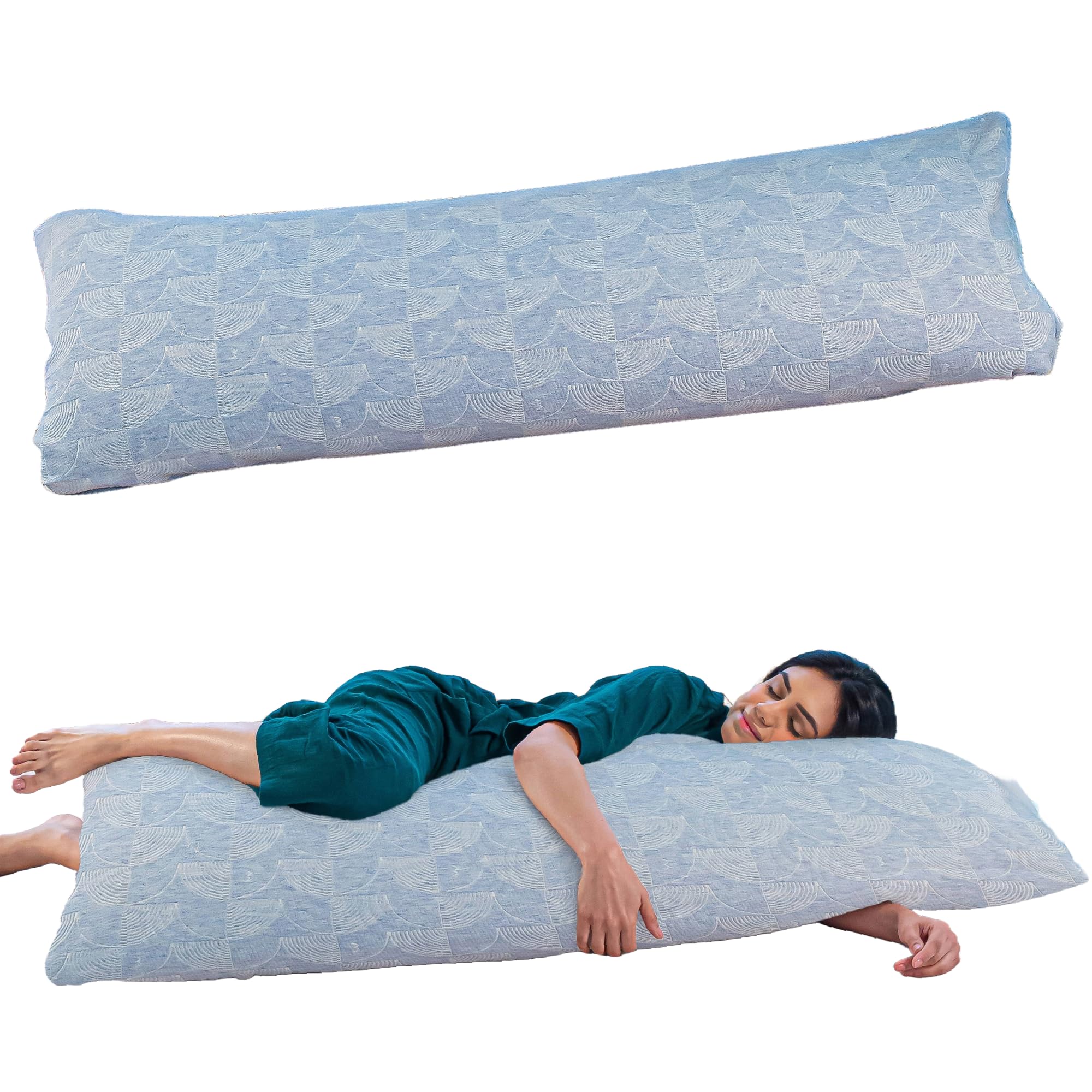 The White Willow Full Body Hug Sleeping Pillow Memory Foam & Micro Fiber for Body Support; Pregnancy Long Pillow for Bed, Side Sleeper with Washable Cover (54" L x 20" W Inches)- Blue