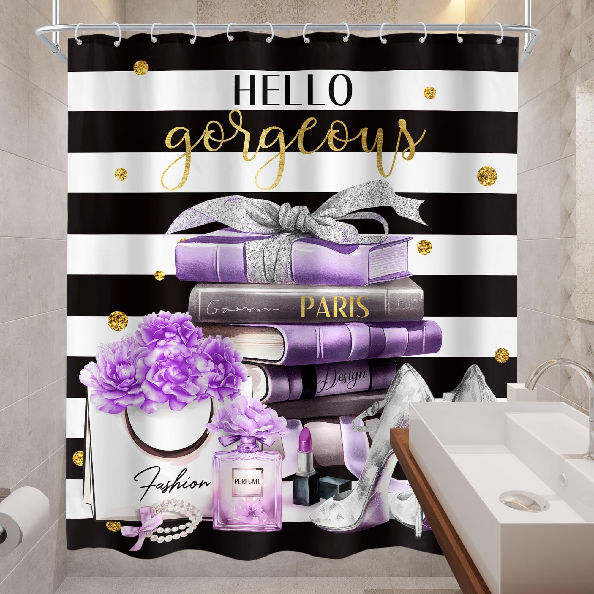 Cinbloo Black and Purple 72Wx72H Shower Curtain Perfume Striped High Heels Modern Flower Floral Magazine Books Bathroom Curtain Set Black White for Girl Women Bath Bathroom Accessories Decor