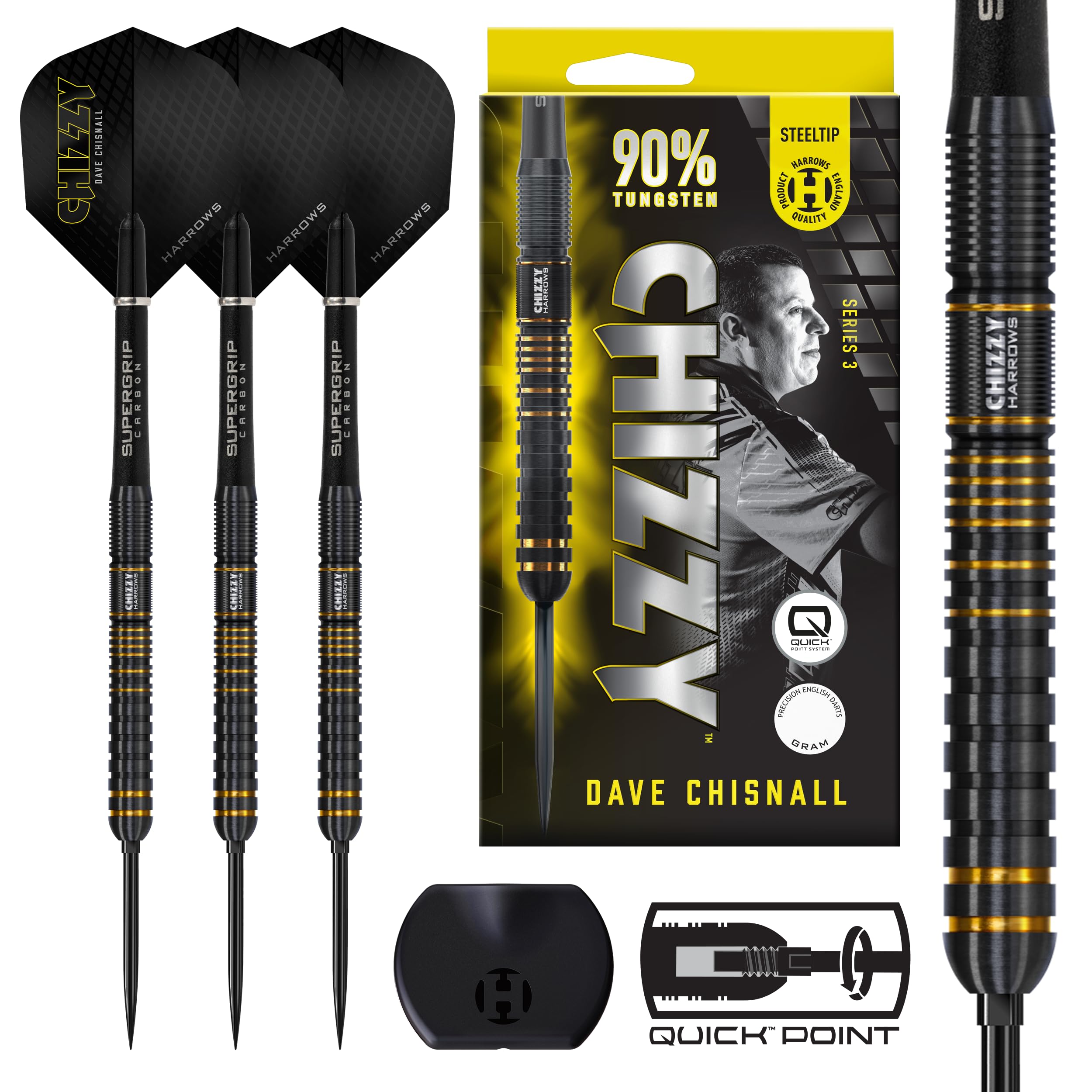 Harrows Dave 'Chizzy' Chisnall Series 3 Player Darts Set Professional Darts 90% Tungsten Steel Tip Darts Set with Quick Point Change System Weights Pro Darts 10pcSet (23G Quick Point) — image 1