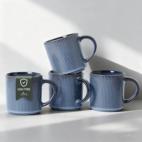 MONITO Juego de 4 Tazas de Café de 16 Oz, Juego de Tazas de Café de Cerámica Rústica con Mango Grande, Tazas de Café de Gres con Rayas Vintage para