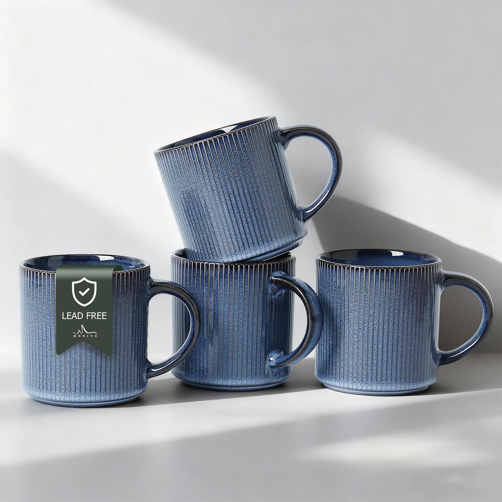 MONITO 16Oz Coffee Mugs Set of 4, Rustic Ceramic Coffee Cups Set with Large Handle, Vintage Striped Stoneware Coffee Mugs for Latte, Cocoa, Tea, Milk, Microwave & Dishwasher Safe, Deep Blue