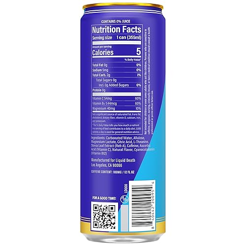 Miniatura 2 de Liquid Death Energía con gas, terror tropical (sabor a piña colada), bebida energética sin azúcar, cafeína moderada 100 mg, vitaminas esenciales, 12
