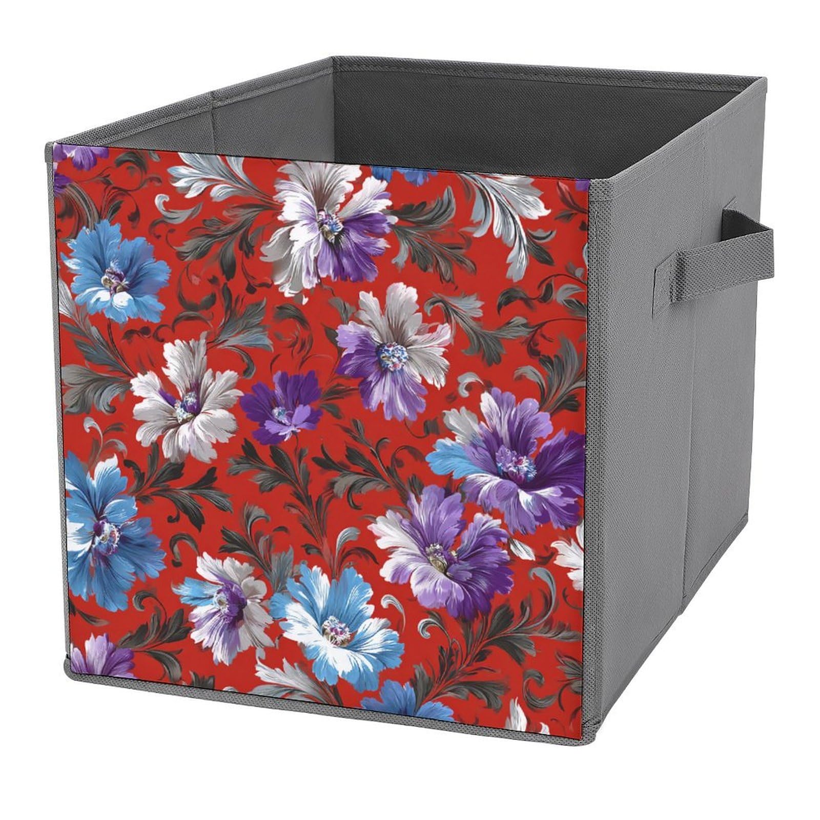 Jubonexis Blue Purple And White Flowers Minimal Cube Storage Bins Storage Cubes Foldable Decorative Fabric Storage Baskets Home Organizers with Handles for Shelves,Closet, 27x27 CM