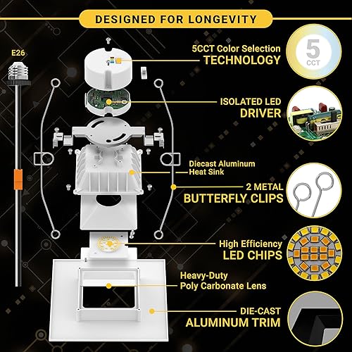Miniatura 5 de NUWATT Paquete de 4, iluminación LED empotrable cuadrada de 6 pulgadas, 5CCT 2700K3000K3500K4000K5000K seleccionable, 1100 lúmenes 14W, luz