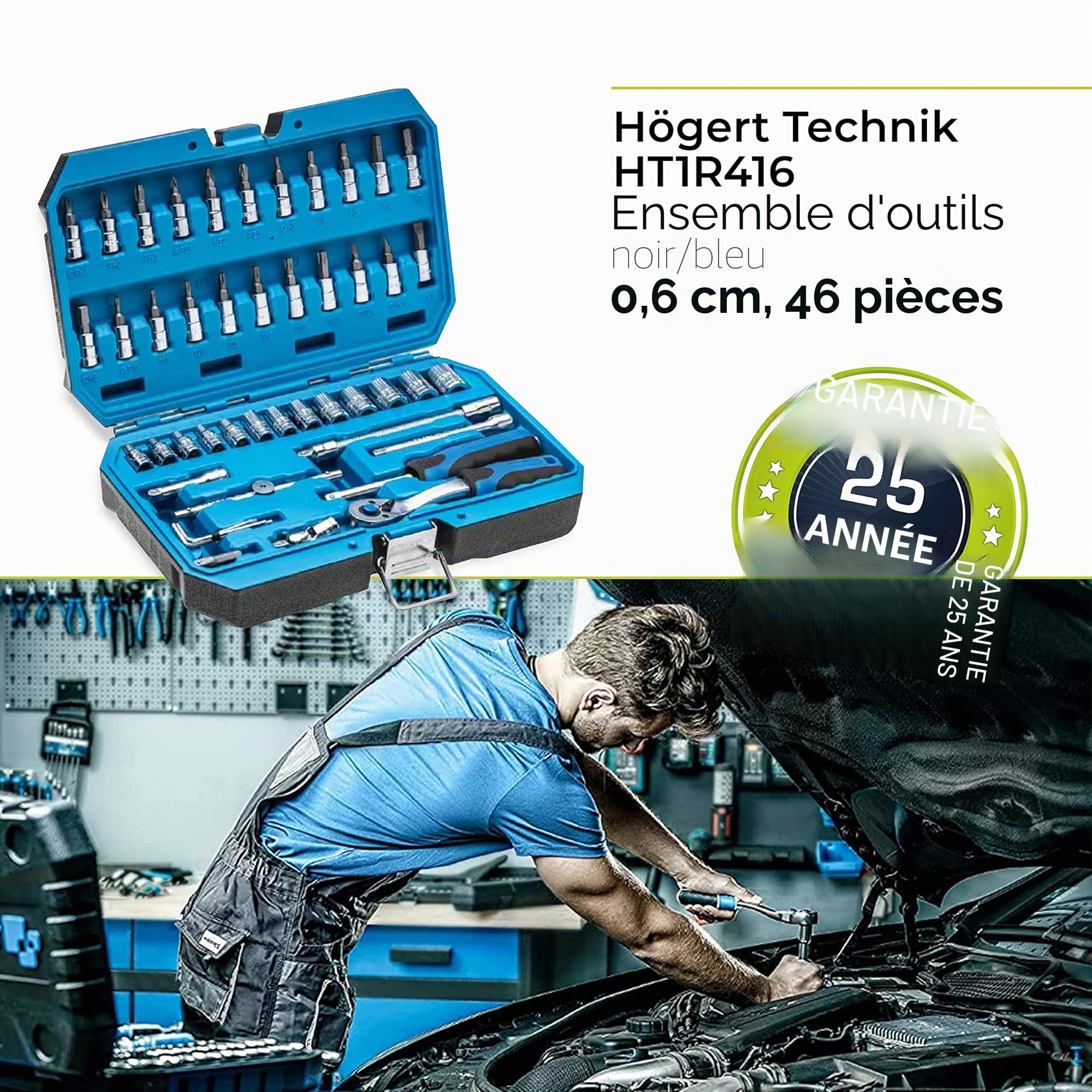 Högert Coffret à outils Kit d'outils d'outils Jeu de clés à douilles, tournevis, cliquet Noir/Bleu, 1/4'', HT1R416, 46 pièces