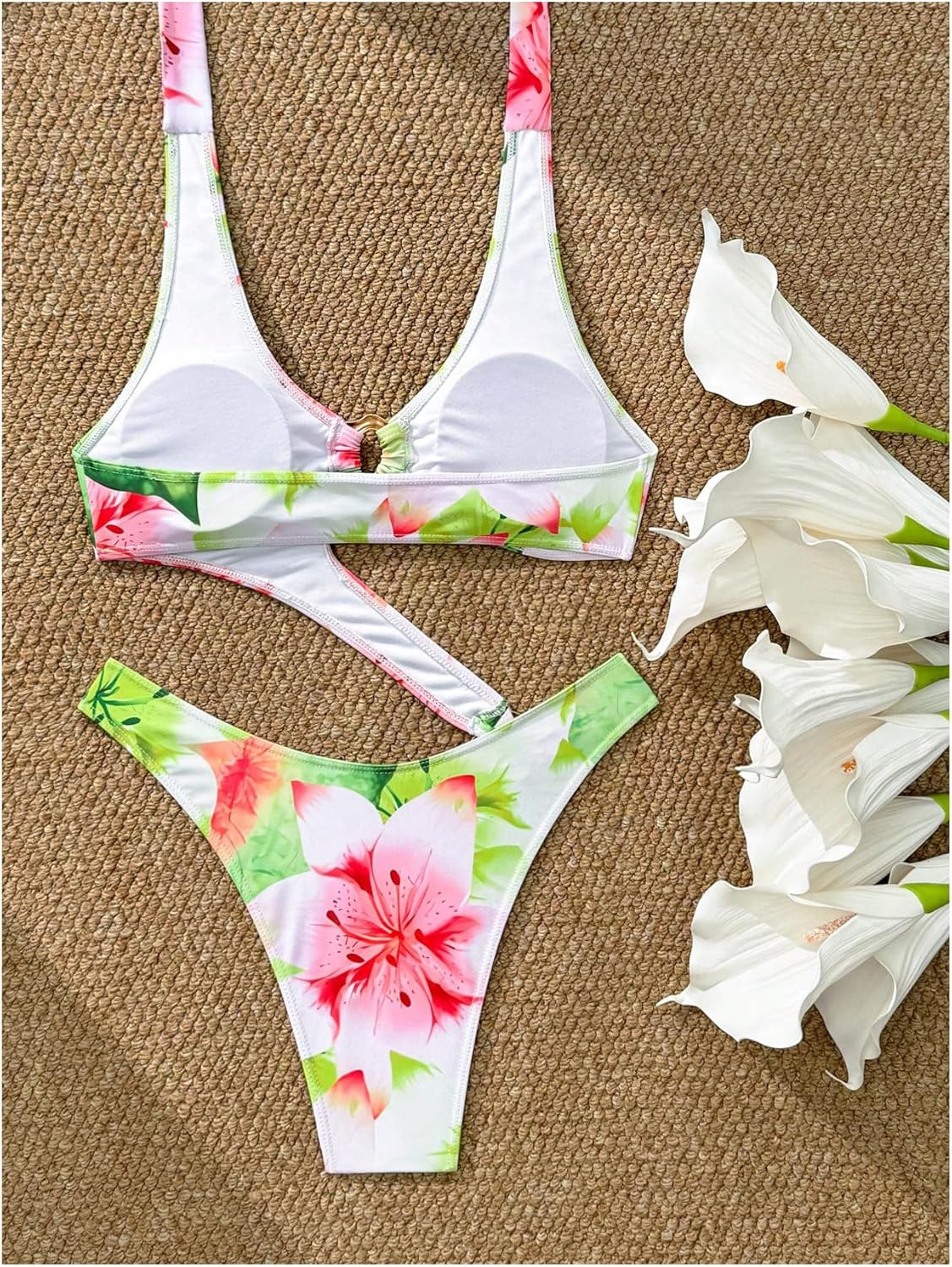 SweatyRocks Women's Cut Out Floral One Piece Swimsuit Ring Linked Halter Monokini Bathing Suit