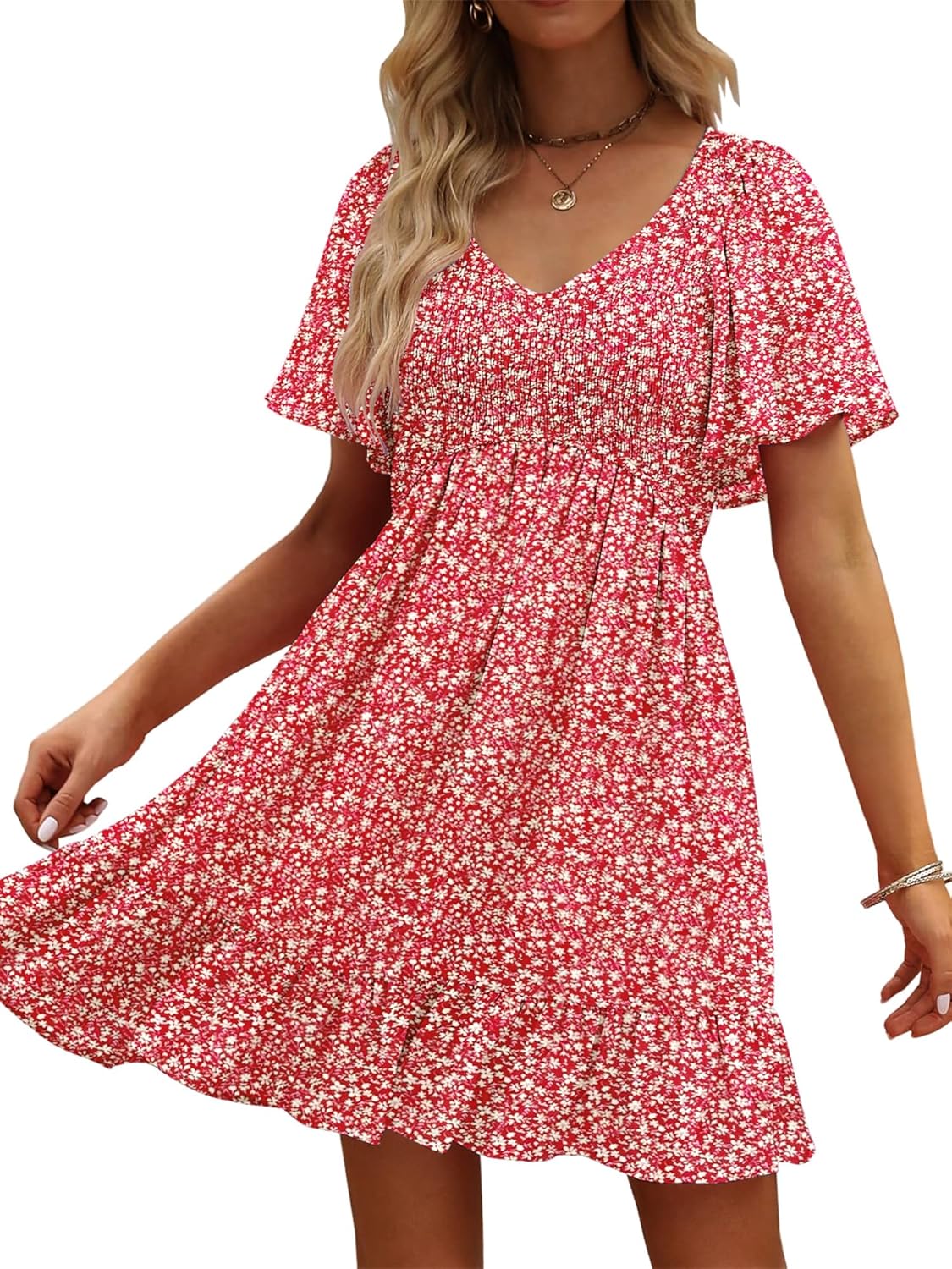 UEAL Womens Cute Floral Smocked V Neck Flutter Sleeve Sundress with Pockets Casual Spring Summer Dresses for Women 2026