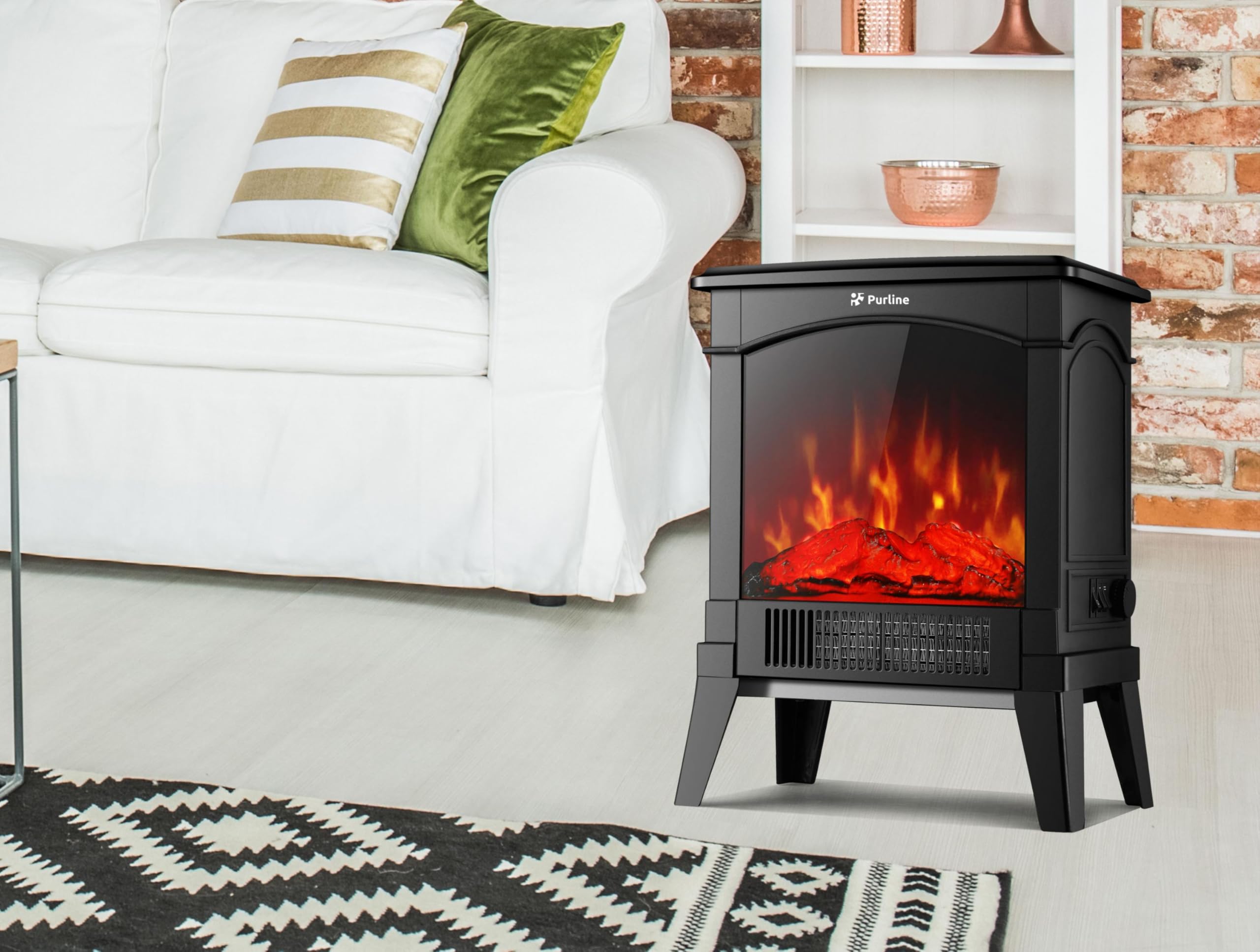 Purline | Camino elettrico da pavimento compatto 1500 W CHE-100 - Camino elettrico, design retrò, con gambe e vetro temperato