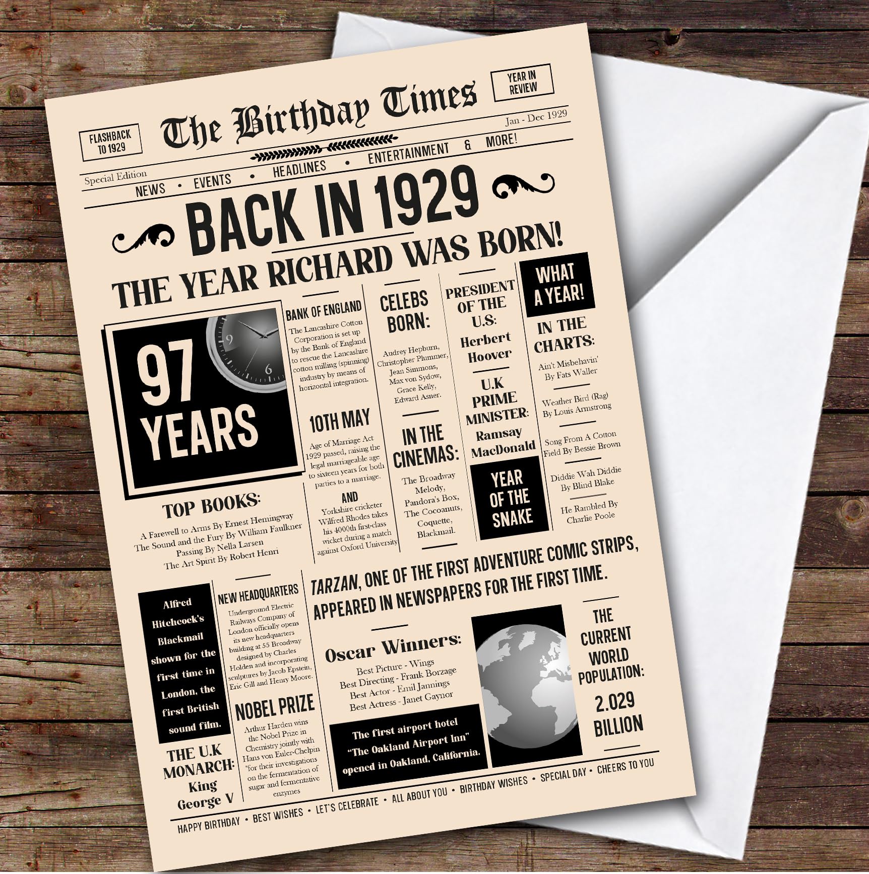 Born In 1929 Newspaper Birthday Facts Any Year Any Age Personalised Card | What Happened The Year You Were Born, Custom Card, 16th 18th 20th 21st 30th 40th 50th 60th 70th 80th 90th 100th