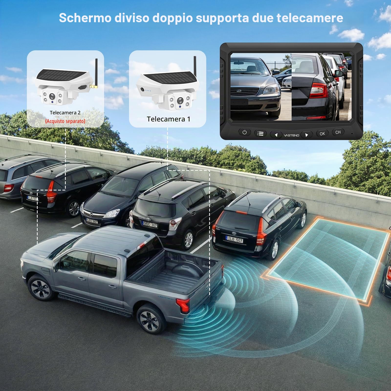 Telecamera Retromarcia Wireless Solare con Monitor 7", Sistema di Retromarcia Digitale HD 1080P, Batteria 10000mAh & Attacco Magnetico, IP69K Impermeabile per Camper, Camion, Rimorchio