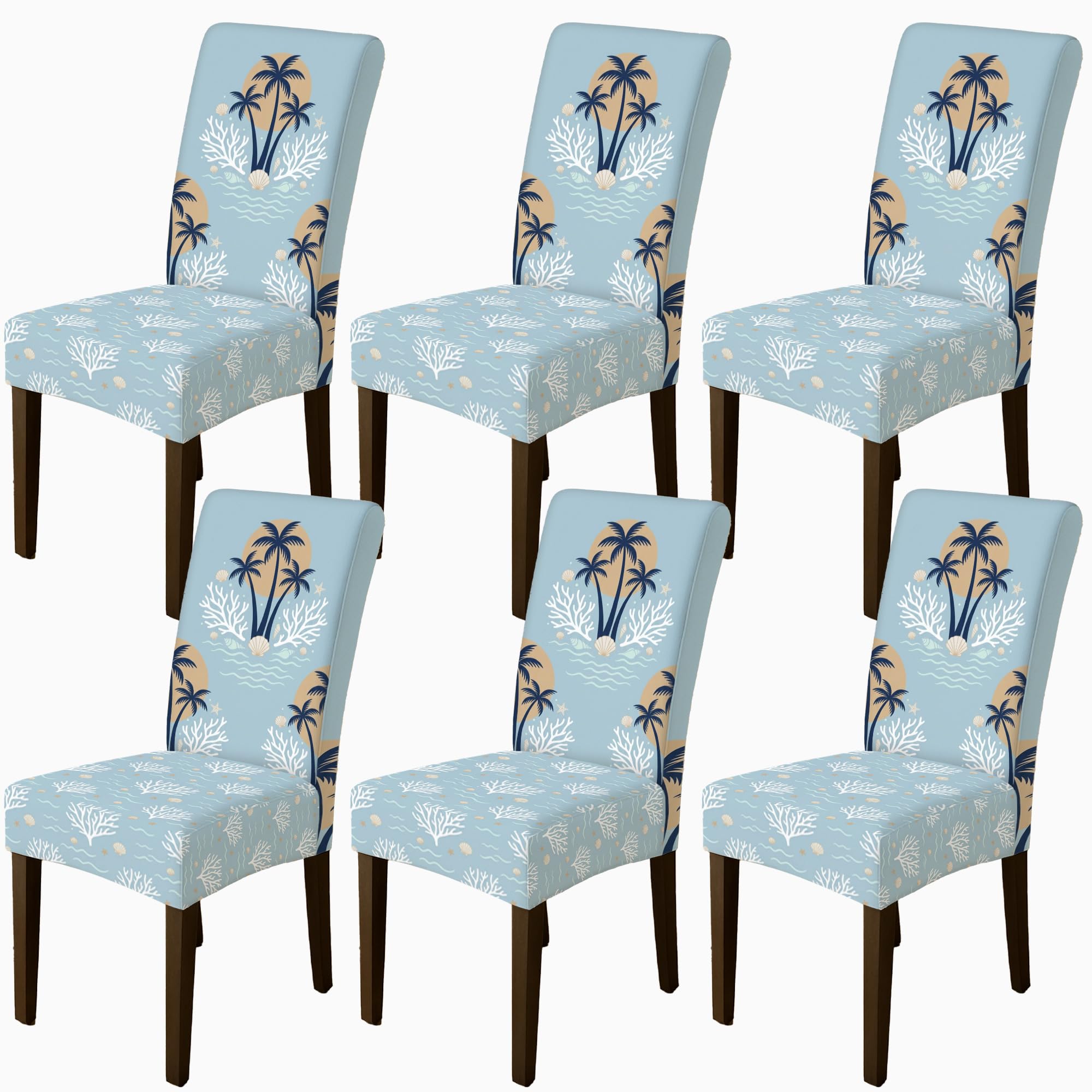 Lot de 6 housses de chaise lavables bleu clair vagues de corail