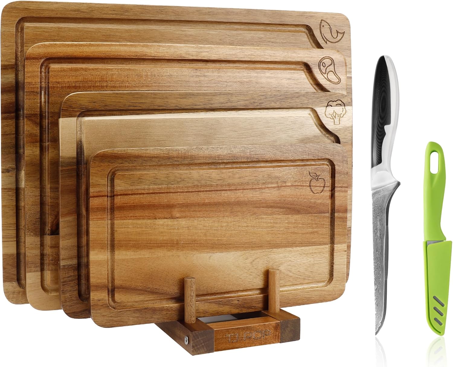 4-Piece Labeled Acacia Wood Cutting Board Set with VG-10 Damascus Boning Knife, Kitchen Prep Bundle for Meat, Vegetables & Fruits