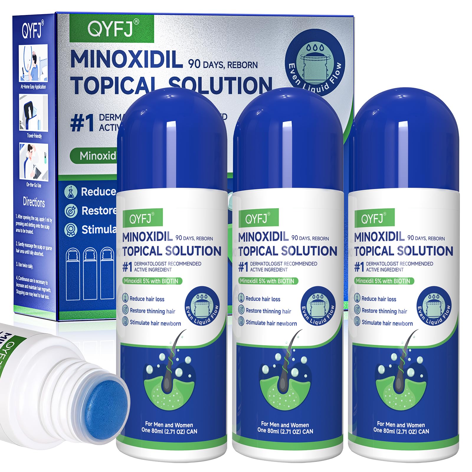 QYFJ 3-Pack 5% Minoxidil with Sponge Applicator