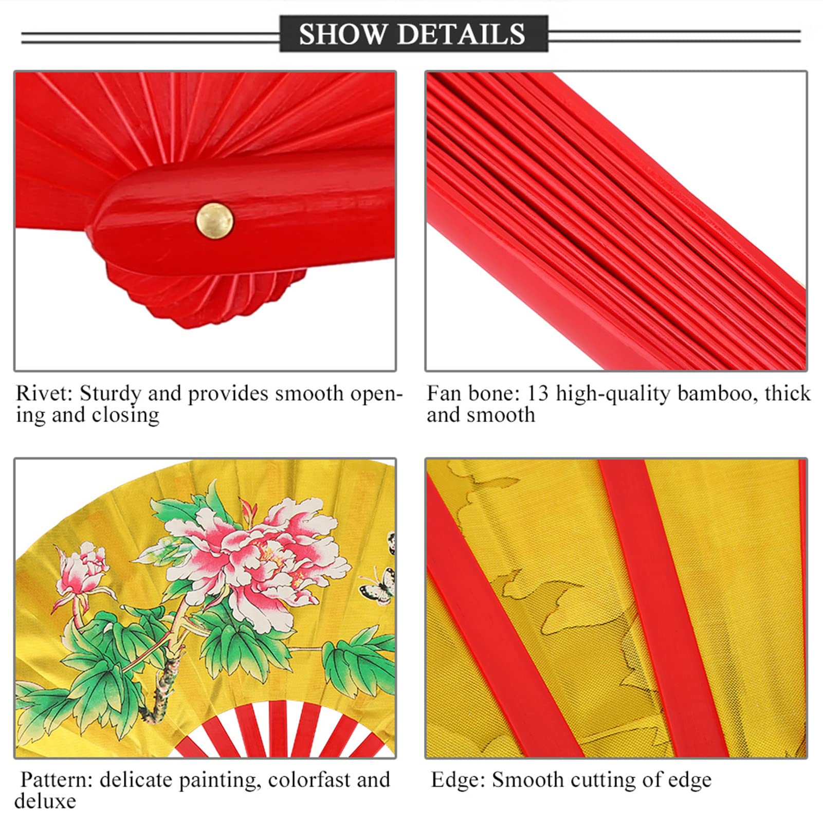 Tai Chi Arti Marziali Kung Fu Ventaglio di Seta di bambù Leggero Apertura e Chiusura Liscia Rosso Oro Nero 12,99 Pollici 127g Allenamento di Danza (Oro)