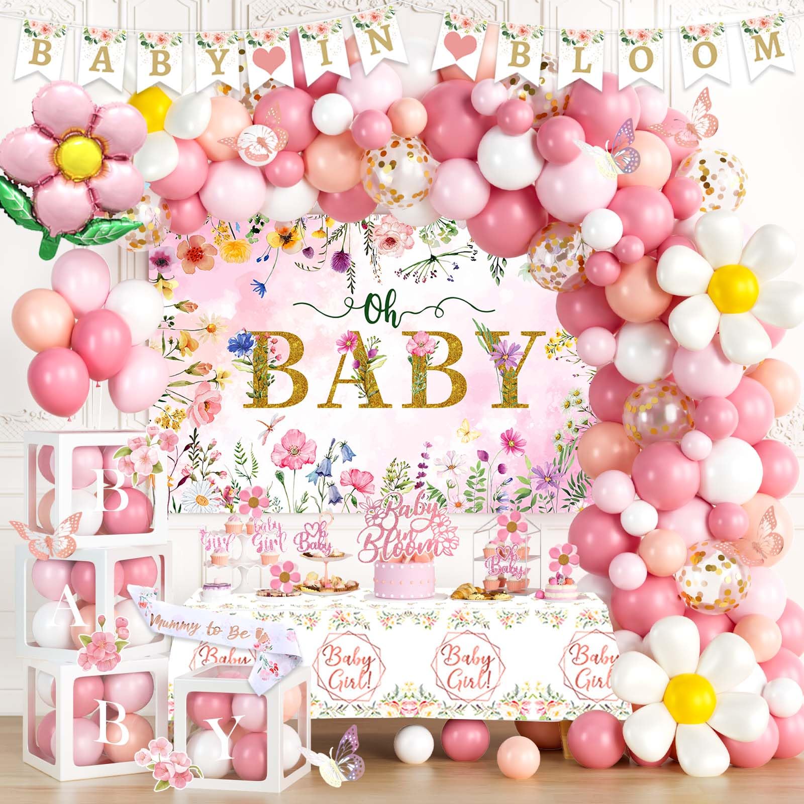 Backdrop Baby Shower Backdrop Green Leaves Flowers Butterfly Newborn Party Decorations  Banner Wildflower Floral Photography Background Baby In Bloom, image size:1600x1600