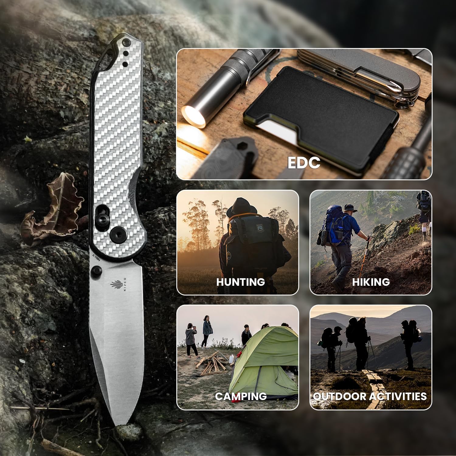 Kizer Assassin Folding Pocket Knife, 2.99" Nitro-V Steel Blade G10 Carbon Fiber Handle Folding Knife Drop Point EDC Knives Perfect for Men Women Camping Hunting Survival V3549A3